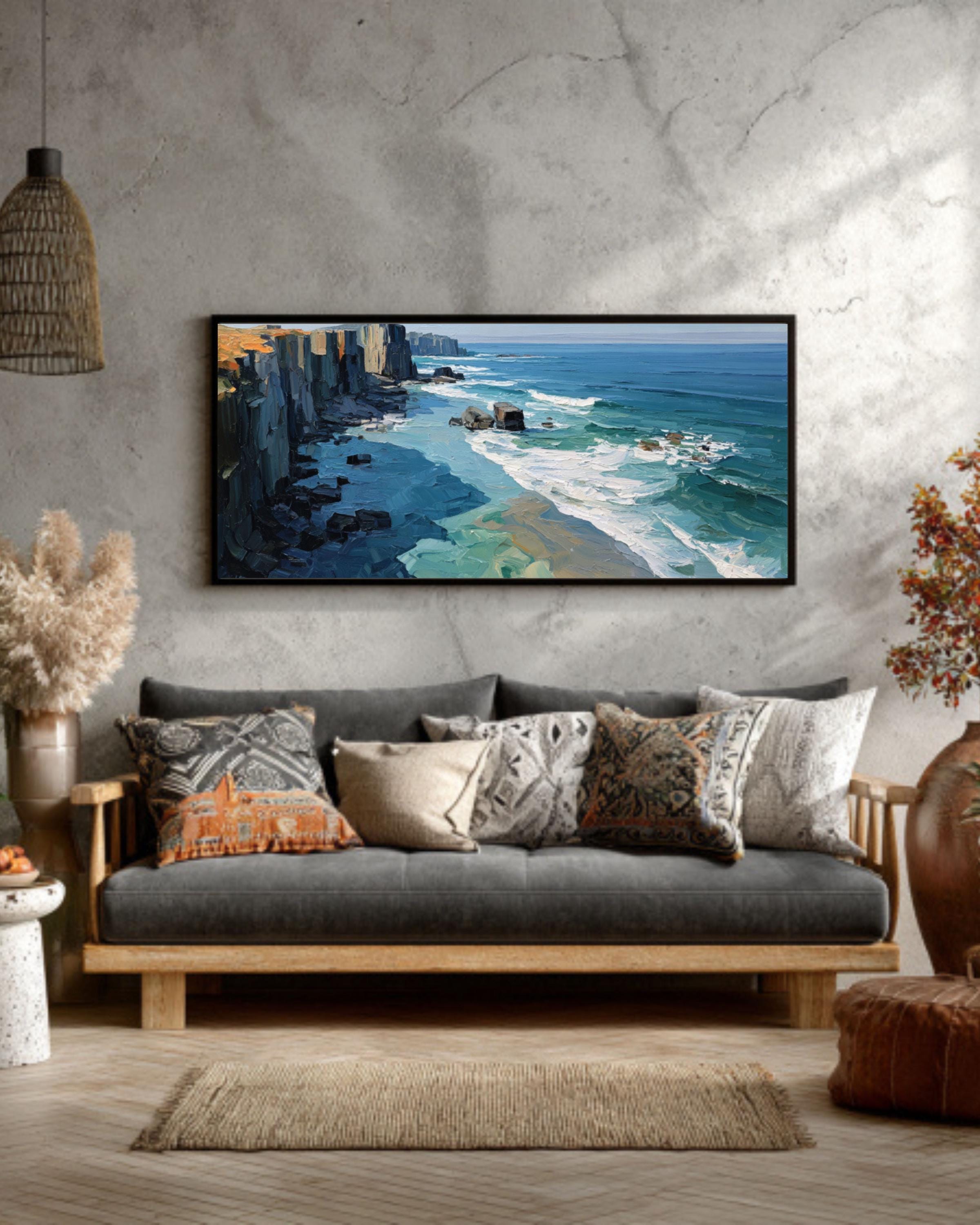 Abstract Coastal Cliff Wall Art – Ocean Oil Painting on Framed Canvas