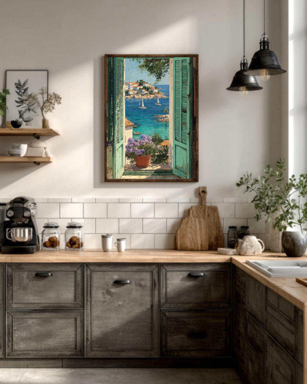 Matisse-Inspired Coastal Wall Art – Sea View with Sailboats & Green Shutters