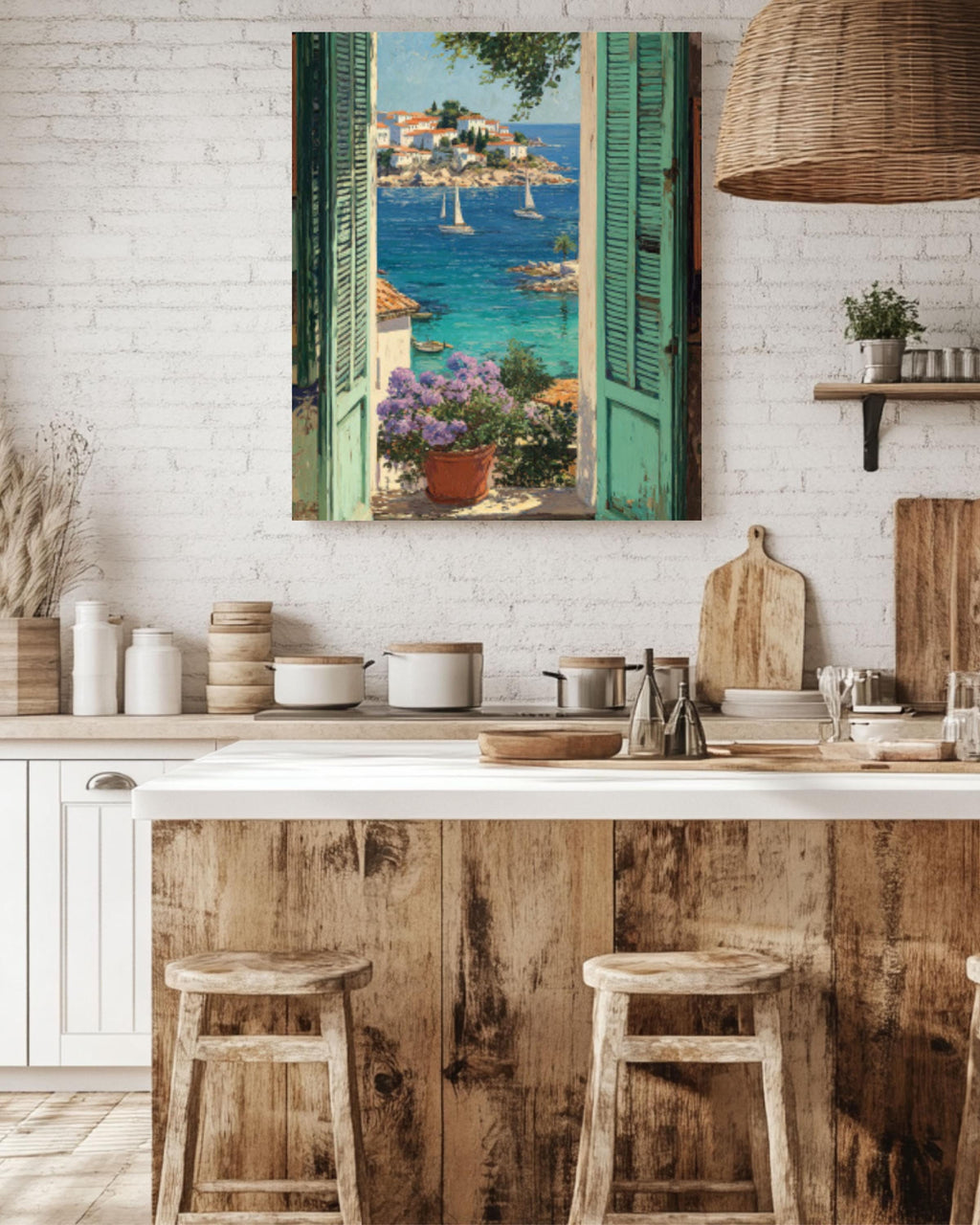 Matisse-Inspired Coastal Wall Art – Sea View with Sailboats & Green Shutters