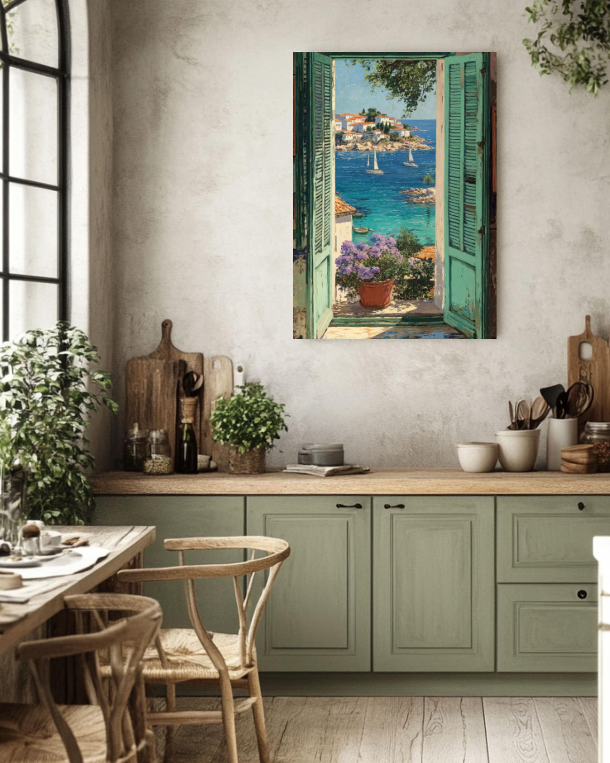 Matisse-Inspired Coastal Wall Art – Sea View with Sailboats & Green Shutters