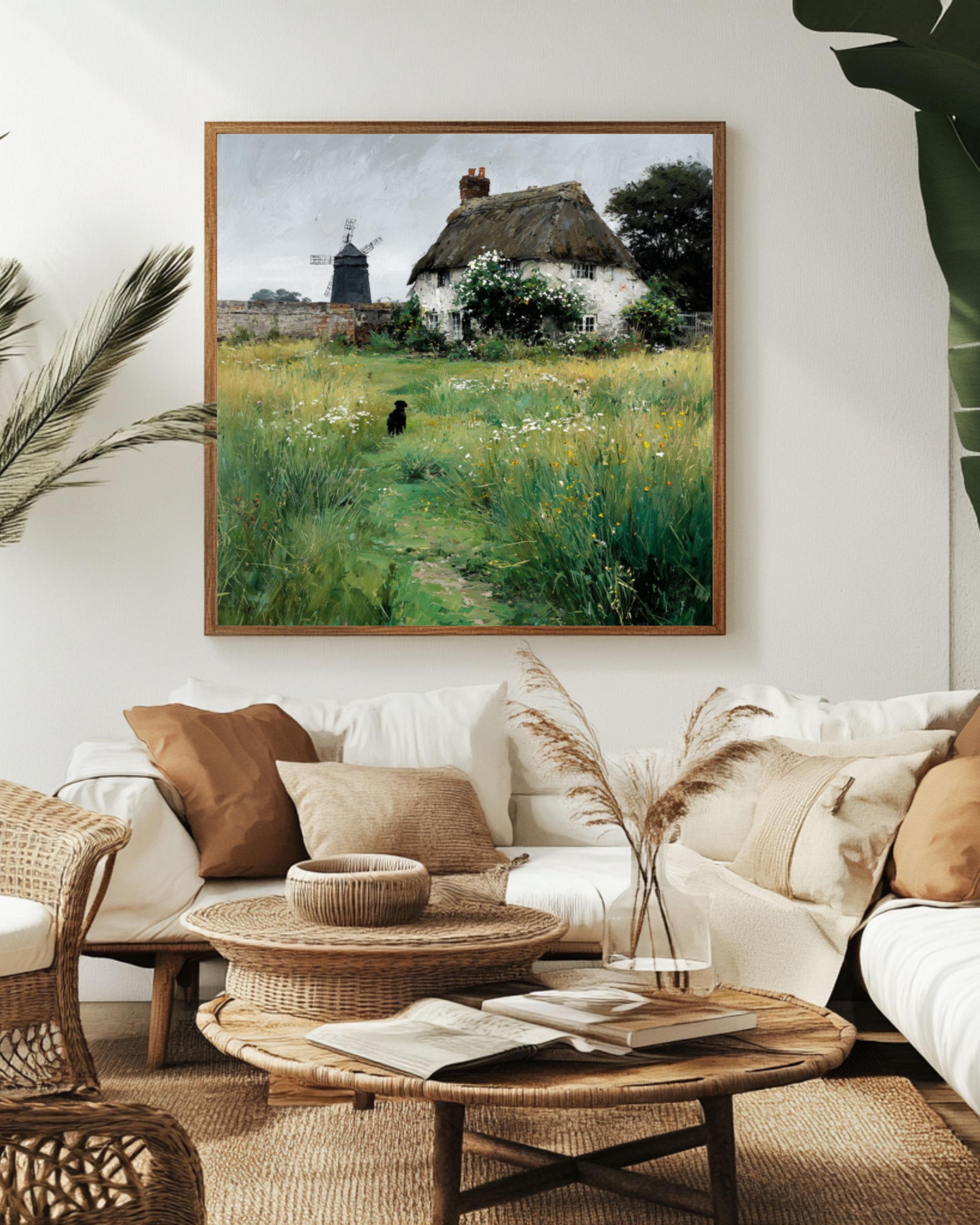 Thatched Cottage Wall Art – Rustic Garden Windmill & Dog Landscape Print