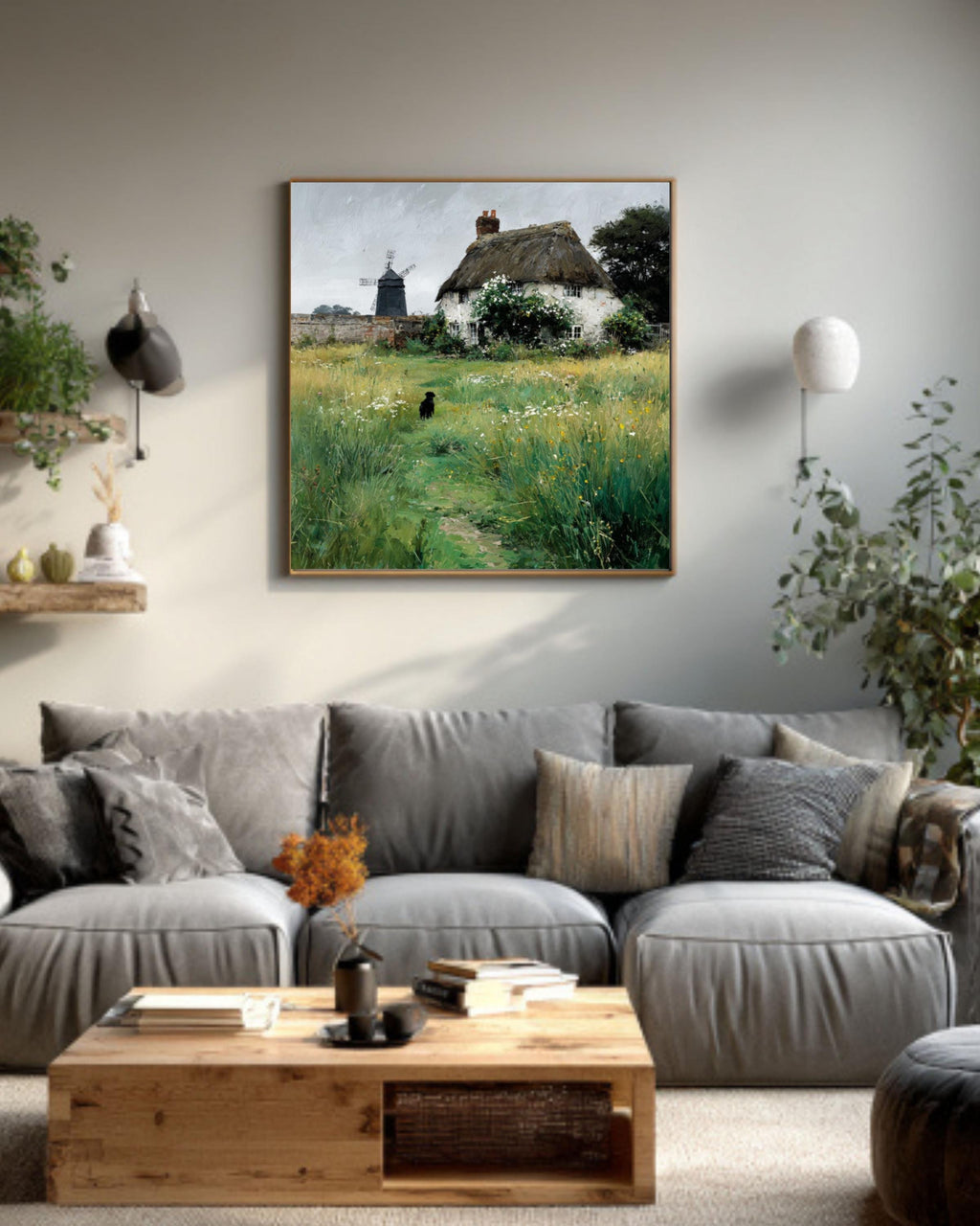 Thatched Cottage Wall Art – Rustic Garden Windmill & Dog Landscape Print