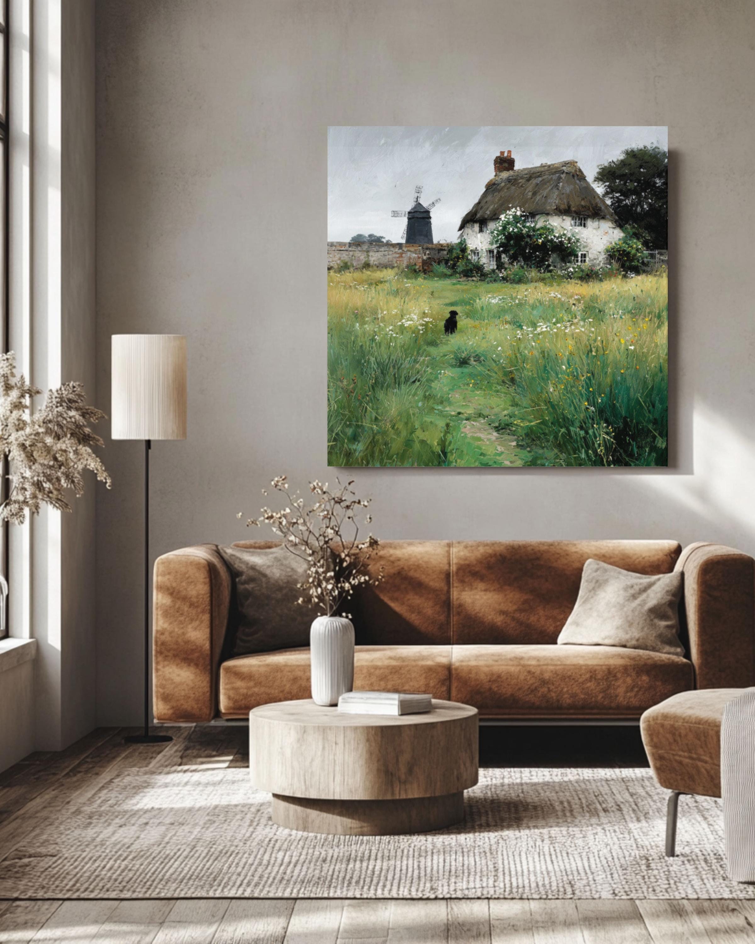 Thatched Cottage Wall Art – Rustic Garden Windmill & Dog Landscape Print