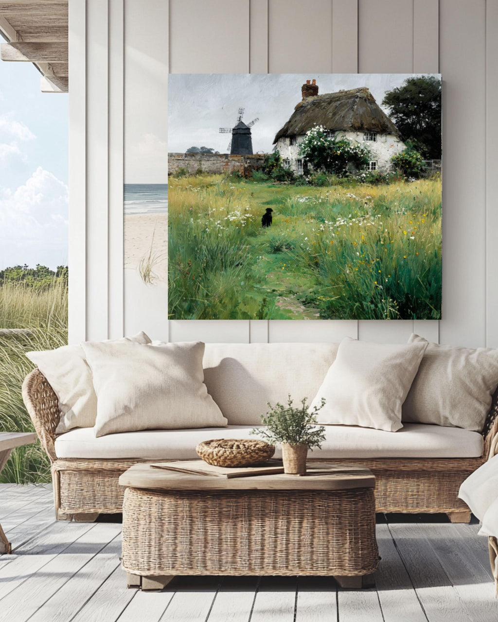 Thatched Cottage Wall Art – Rustic Garden Windmill & Dog Landscape Print