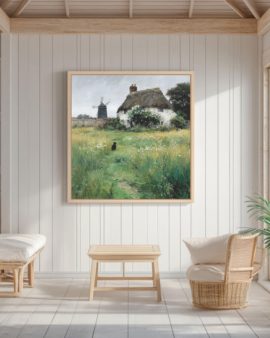 Thatched Cottage Wall Art – Rustic Garden Windmill & Dog Landscape Print