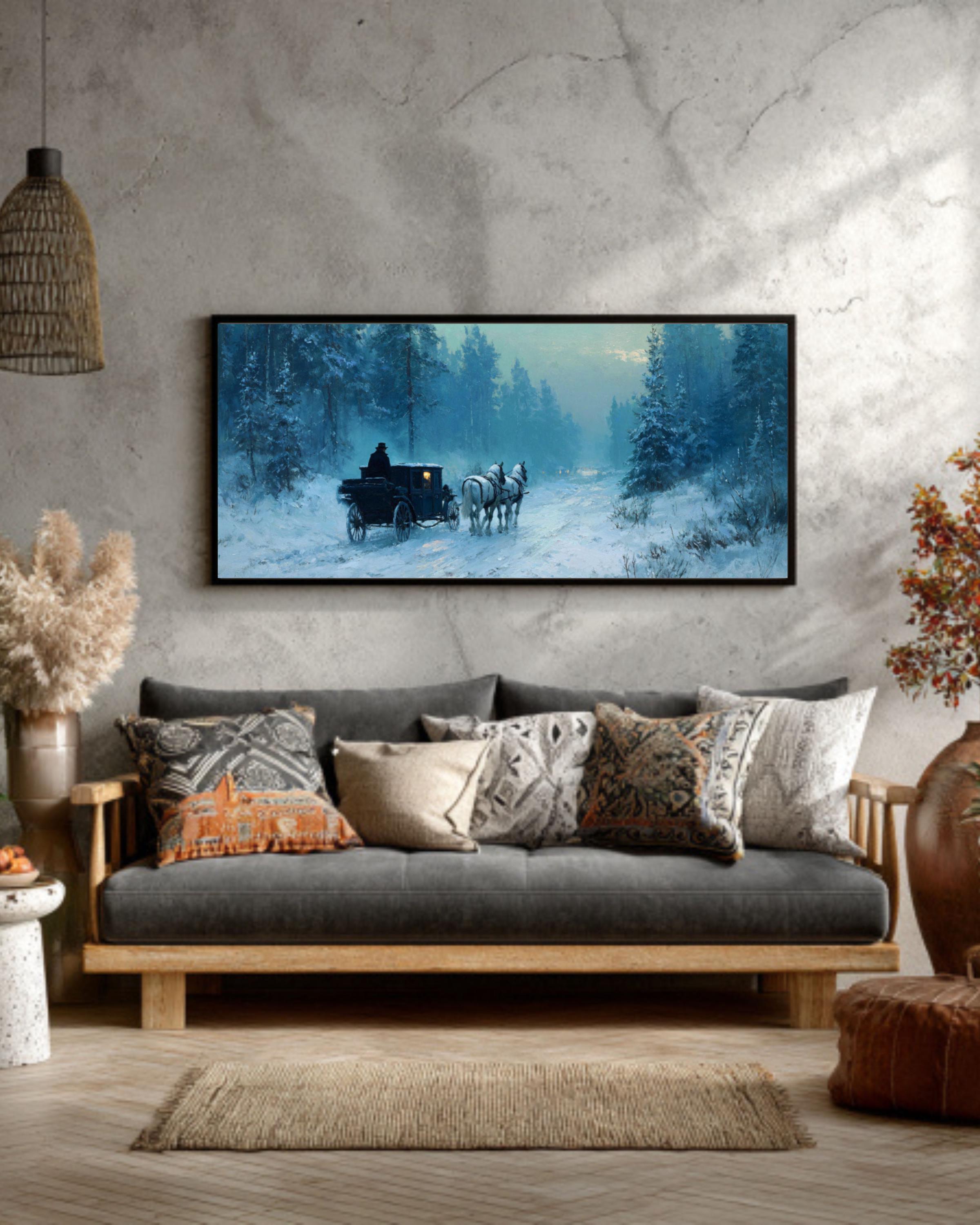 Winter Carriage Ride Canvas Art – Moonlit Snowy Forest Painting