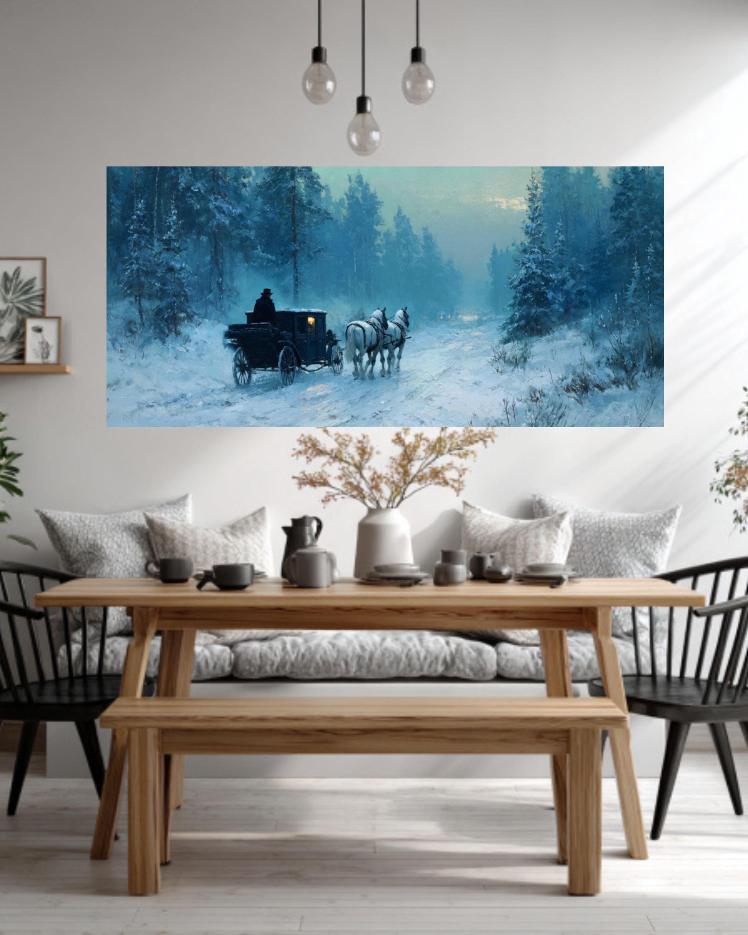 Winter Carriage Ride Canvas Art – Moonlit Snowy Forest Painting