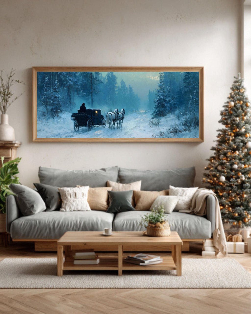 Winter Carriage Ride Canvas Art – Moonlit Snowy Forest Painting