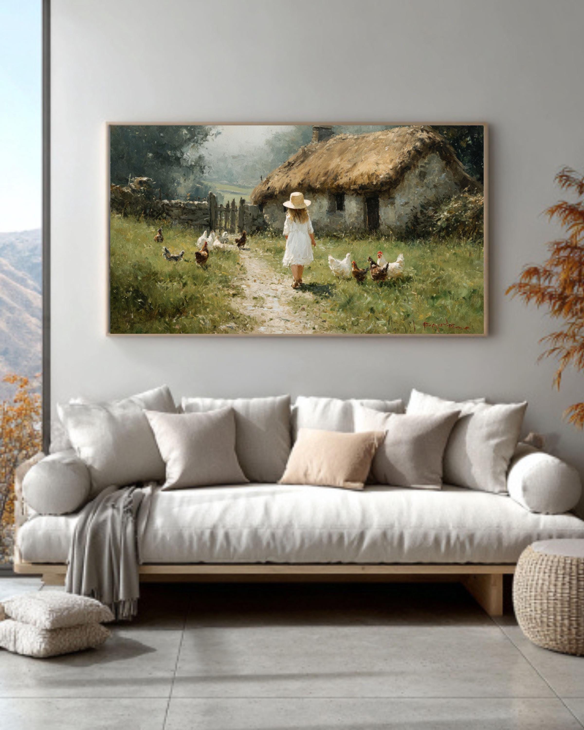 Girl with Chickens Farmhouse Canvas Wall Art – Cottagecore Country Scene