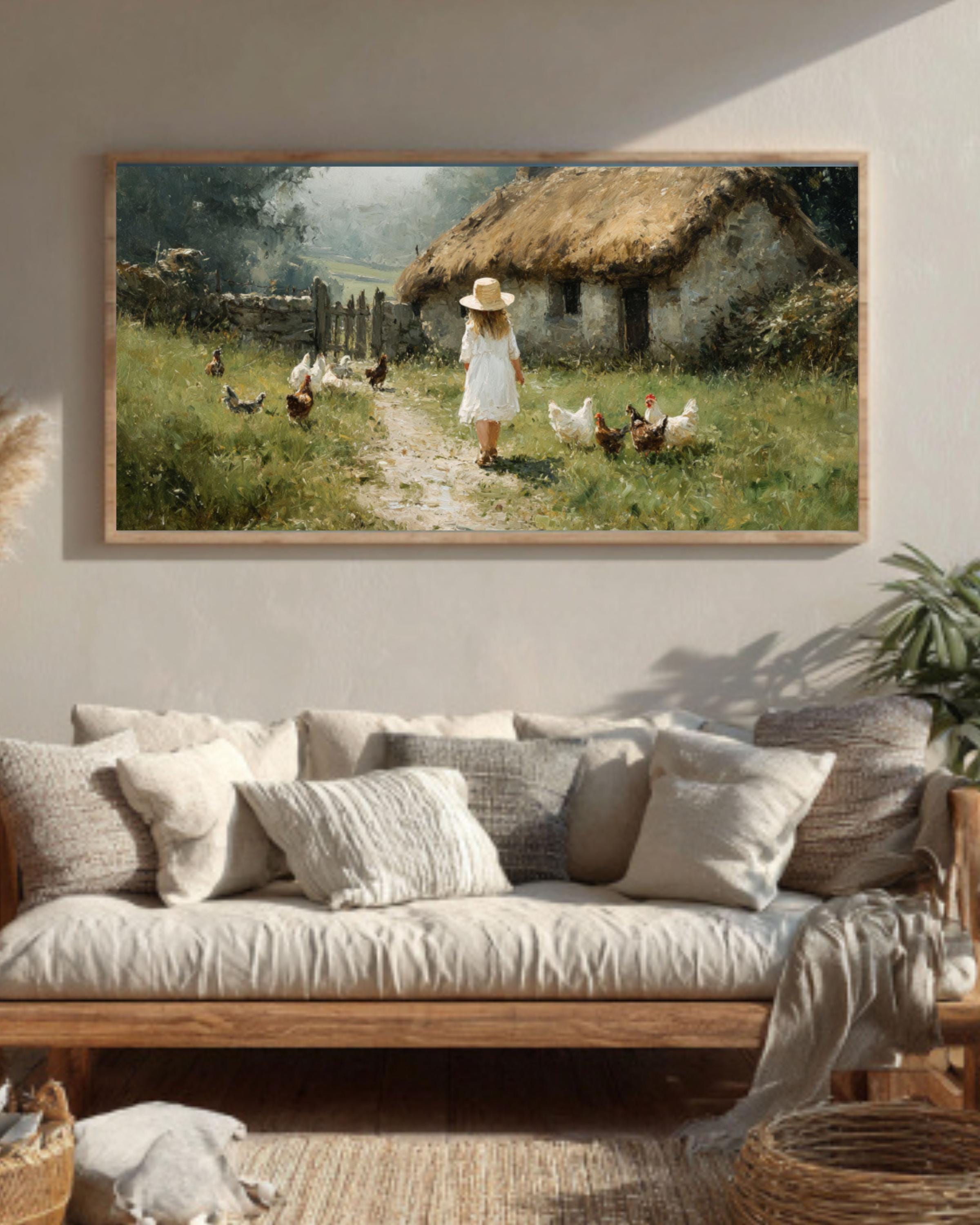 Girl with Chickens Farmhouse Canvas Wall Art – Cottagecore Country Scene