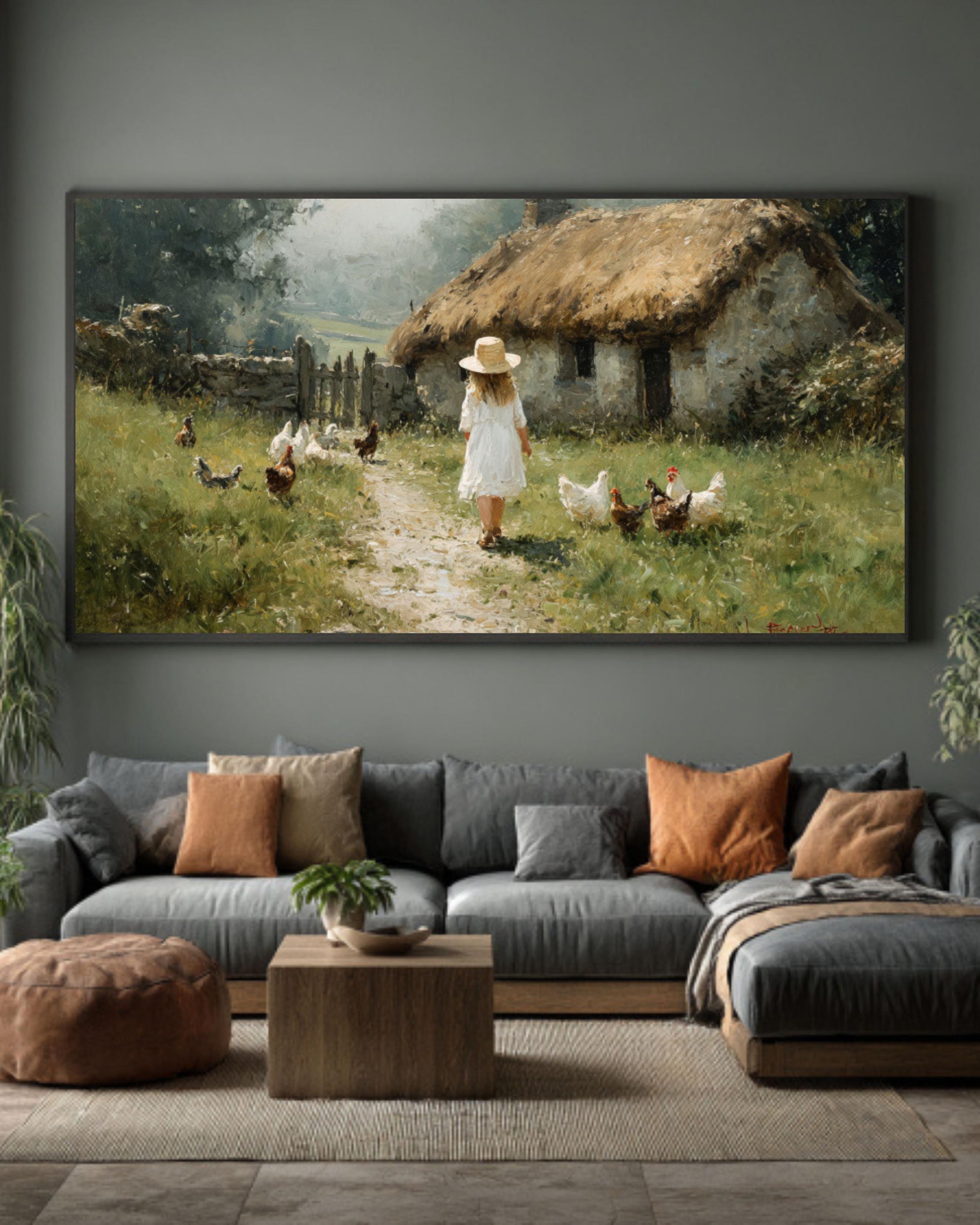Girl with Chickens Farmhouse Canvas Wall Art – Cottagecore Country Scene