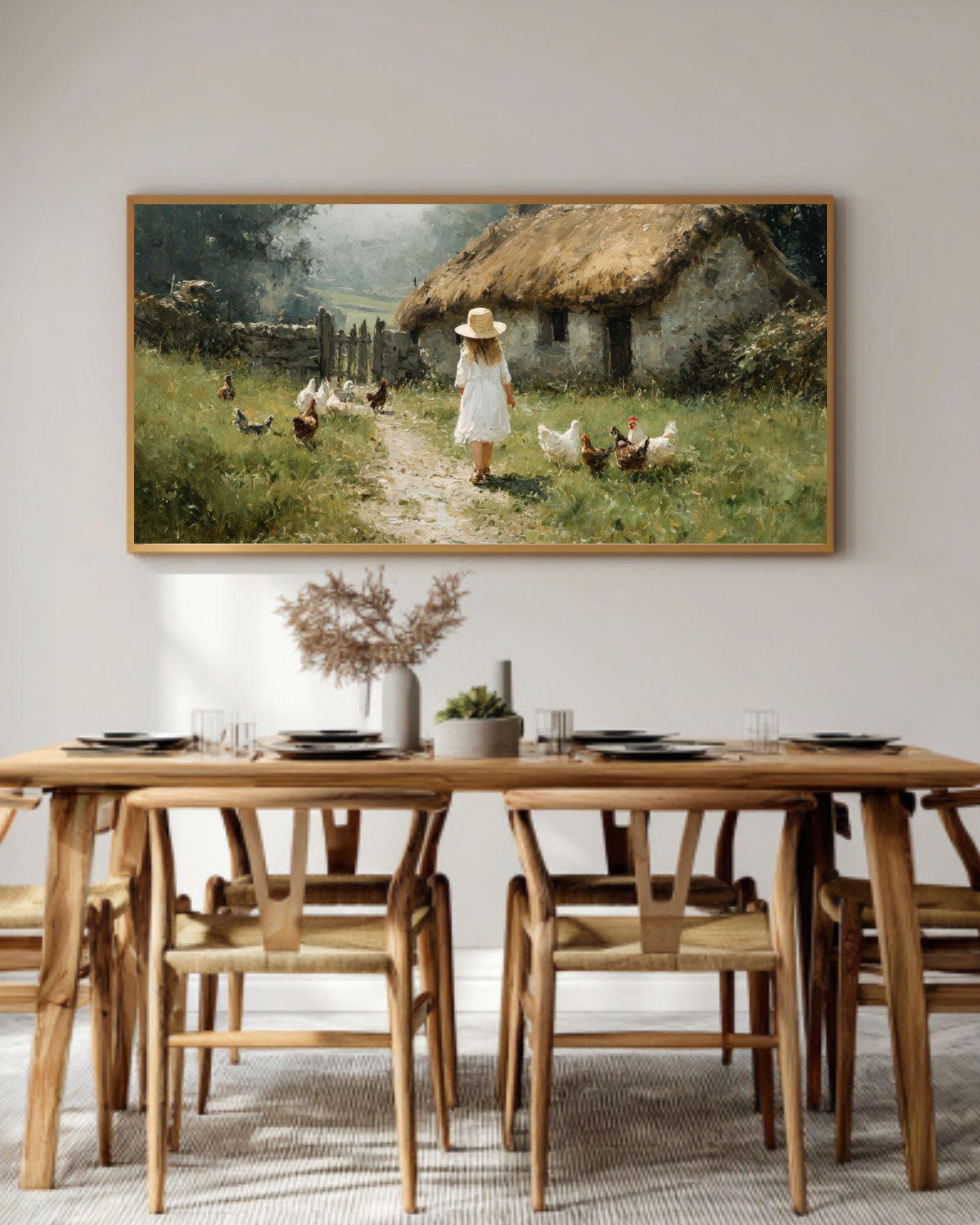 Girl with Chickens Farmhouse Canvas Wall Art – Cottagecore Country Scene