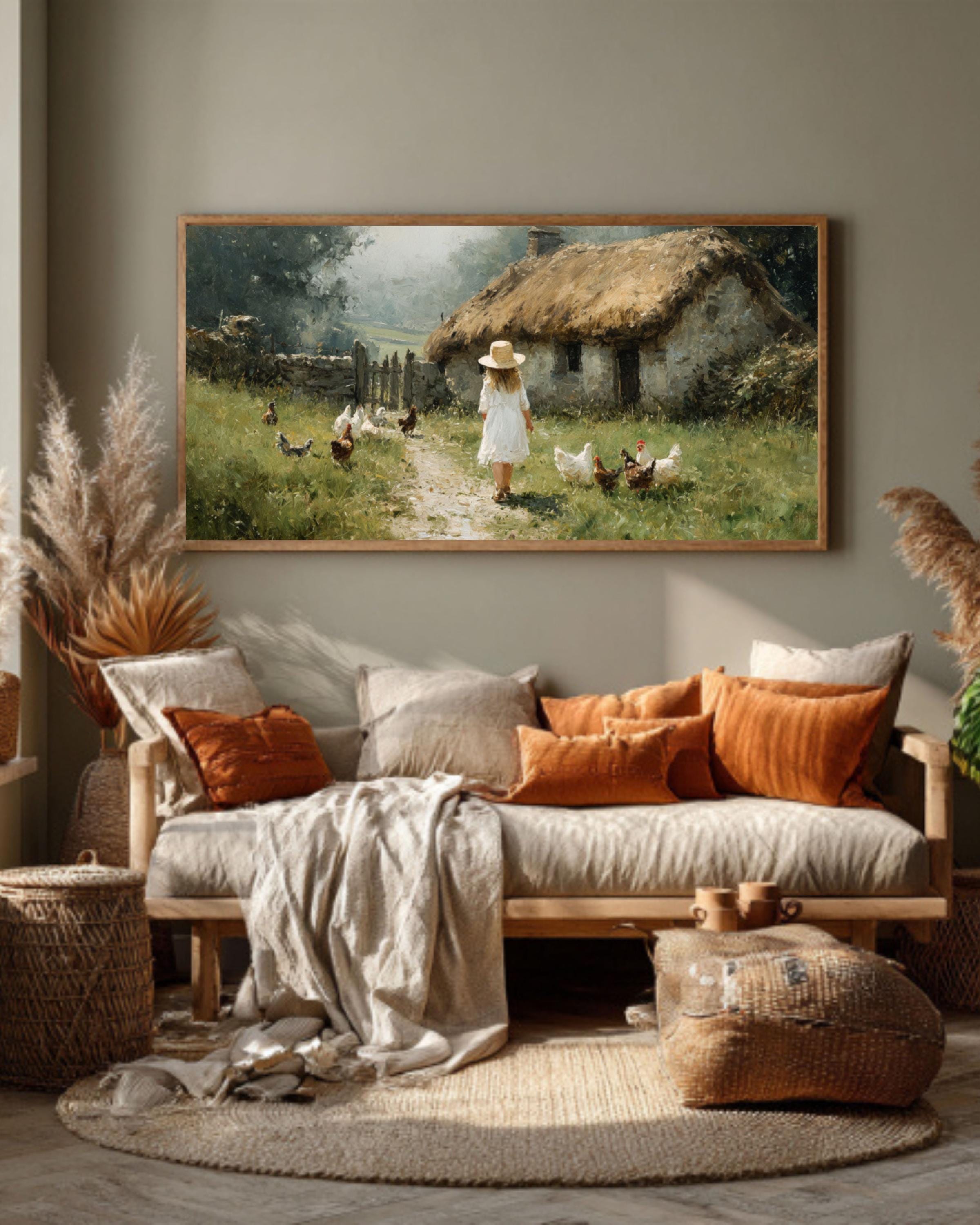 Girl with Chickens Farmhouse Canvas Wall Art – Cottagecore Country Scene