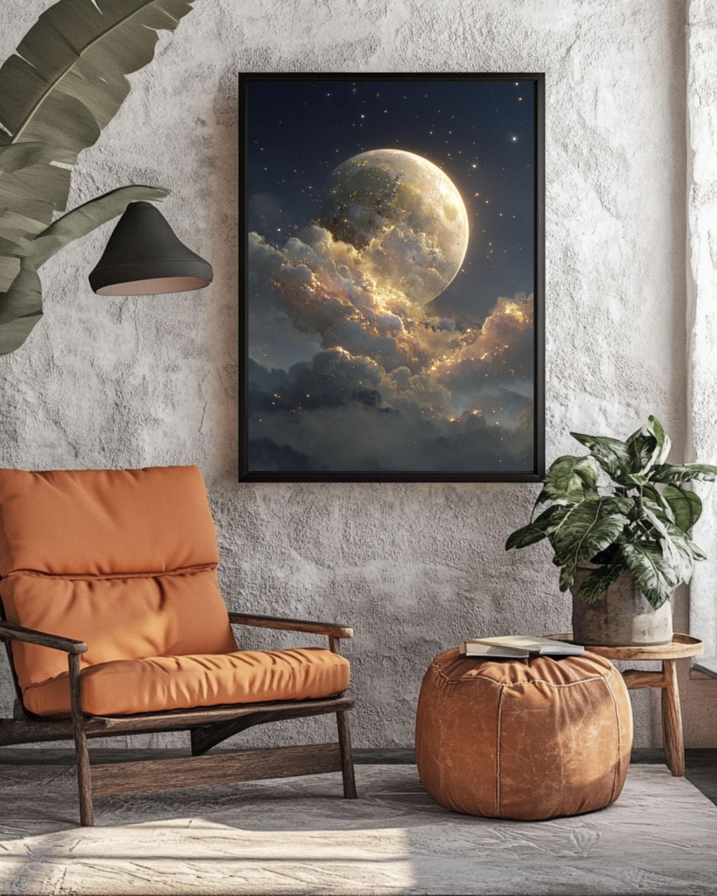 Fantasy Moon Wall Art – Golden Light Starry Sky Celestial Canvas Print