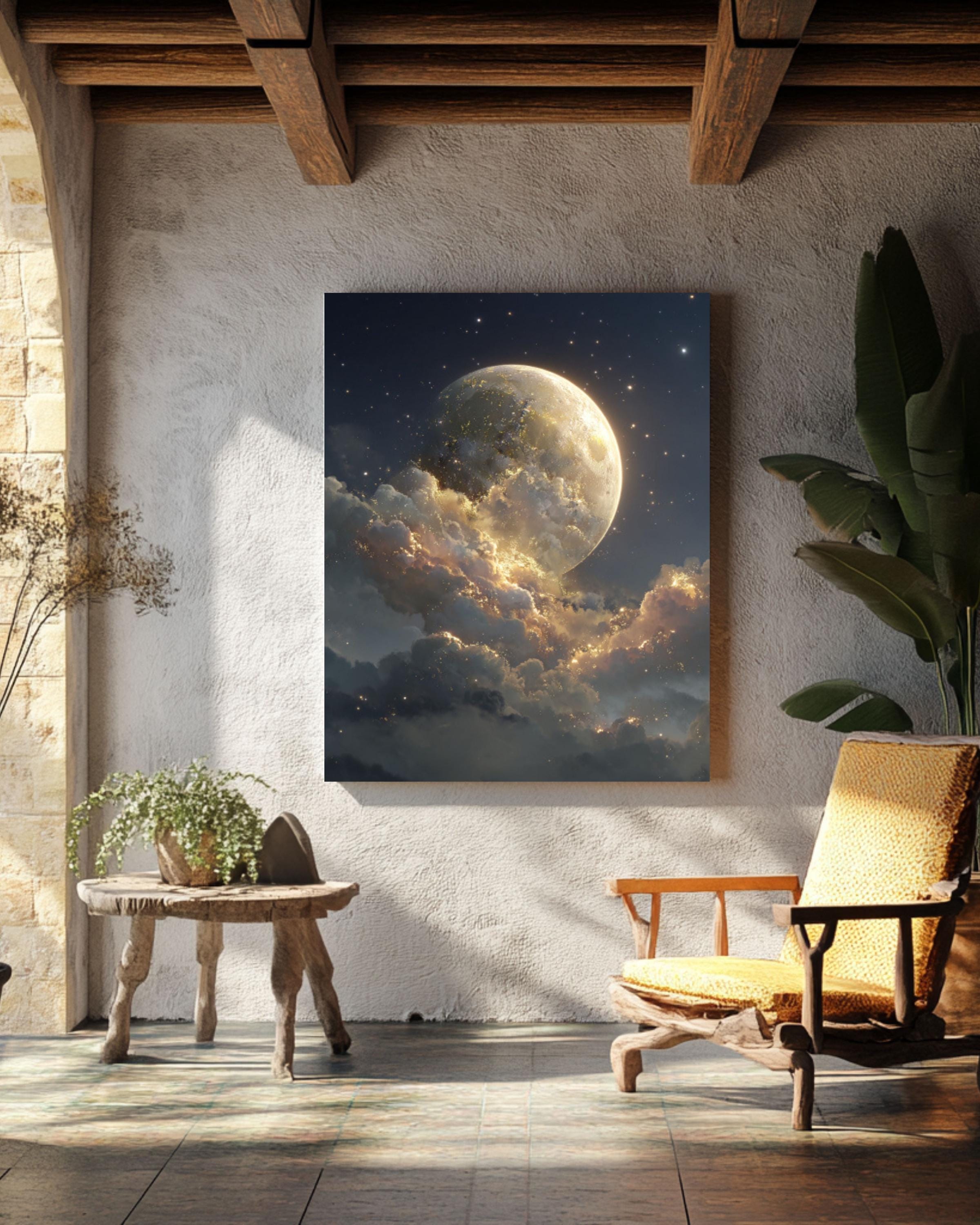 Fantasy Moon Wall Art – Golden Light Starry Sky Celestial Canvas Print