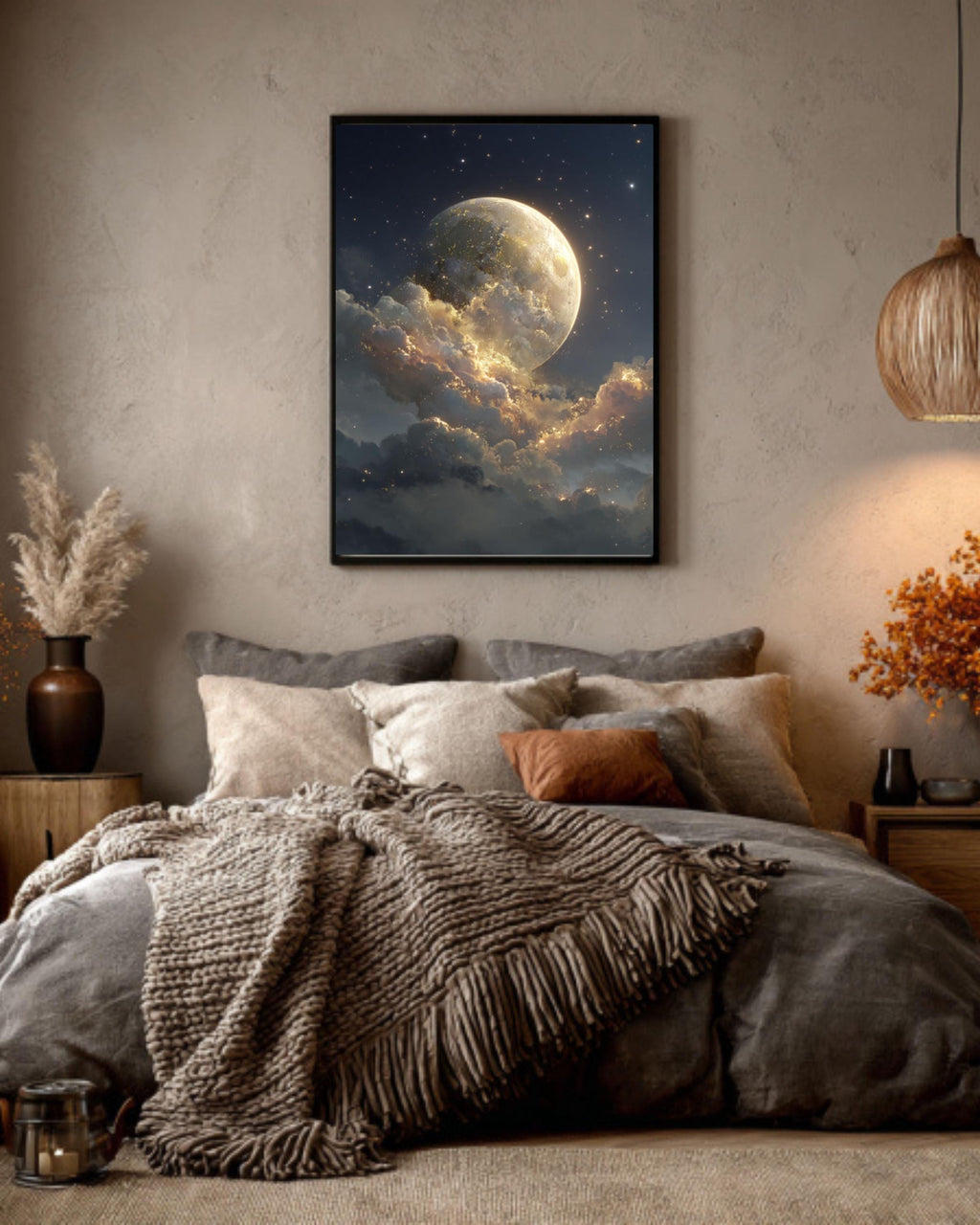Fantasy Moon Wall Art – Golden Light Starry Sky Celestial Canvas Print