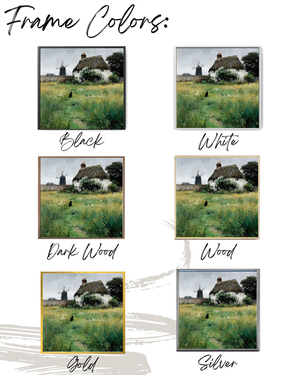 Thatched Cottage Wall Art – Rustic Garden Windmill & Dog Landscape Print