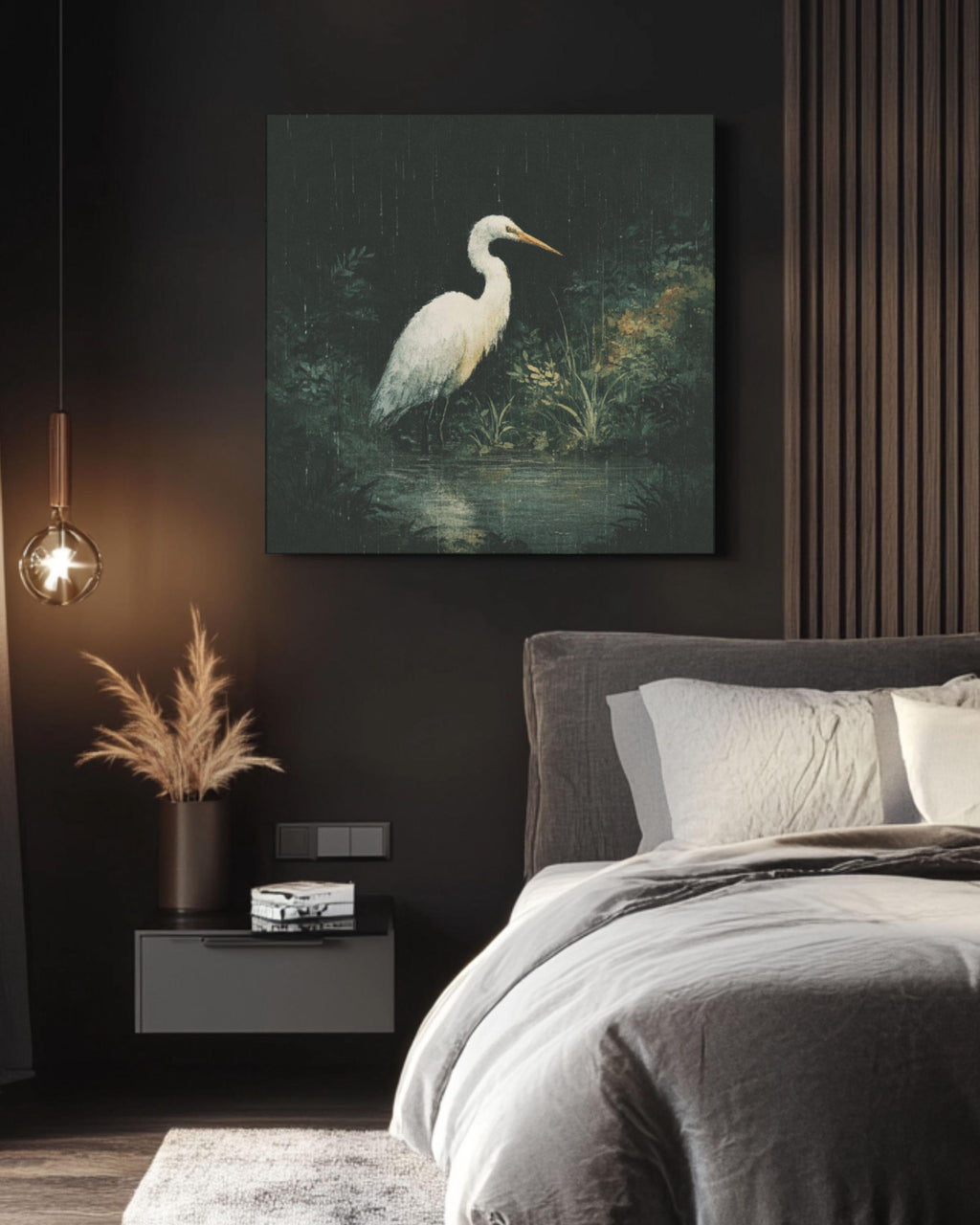 White Heron Wall Art – Moody Bird Illustration Canvas or Framed Print