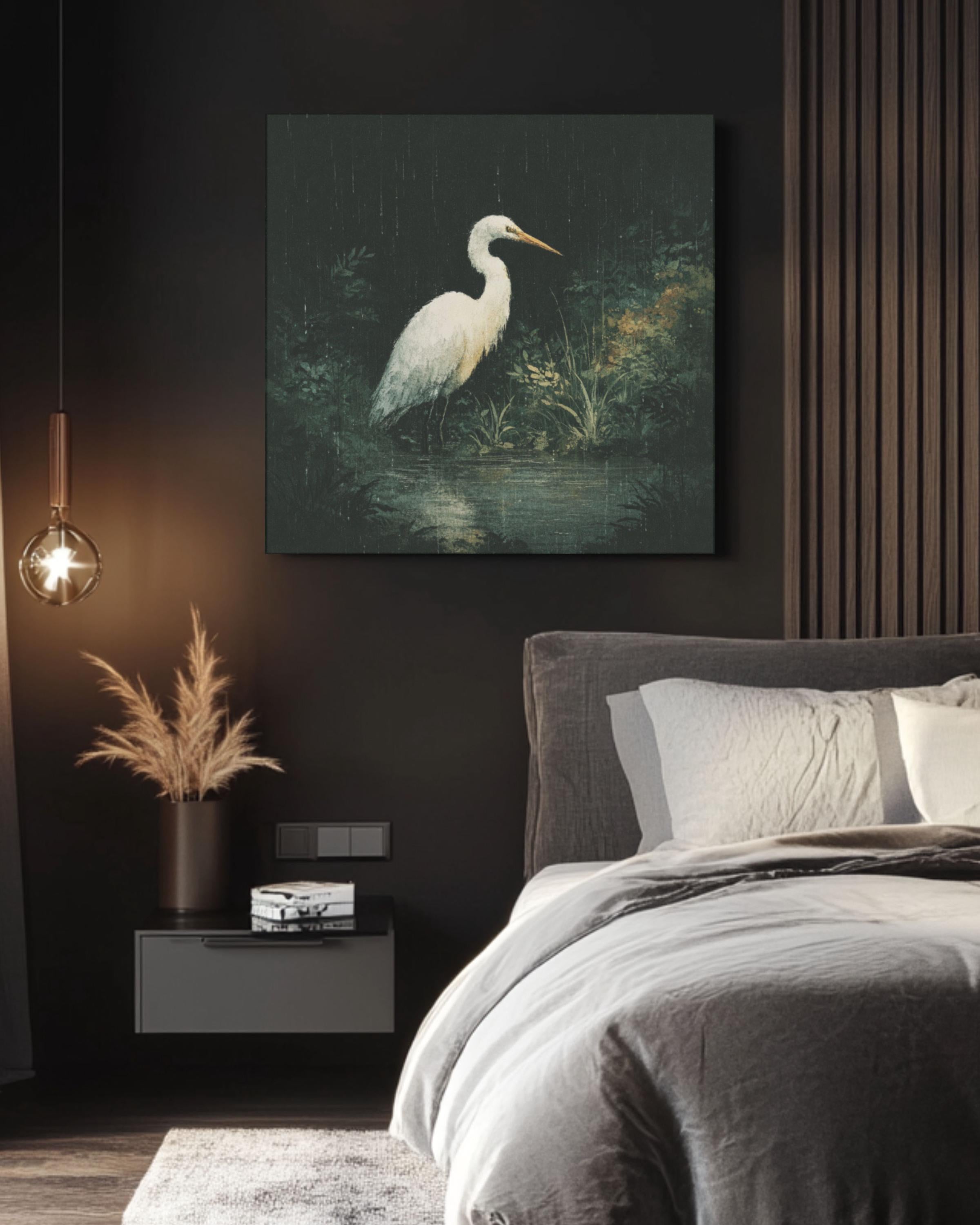 White Heron Wall Art – Moody Bird Illustration Canvas or Framed Print