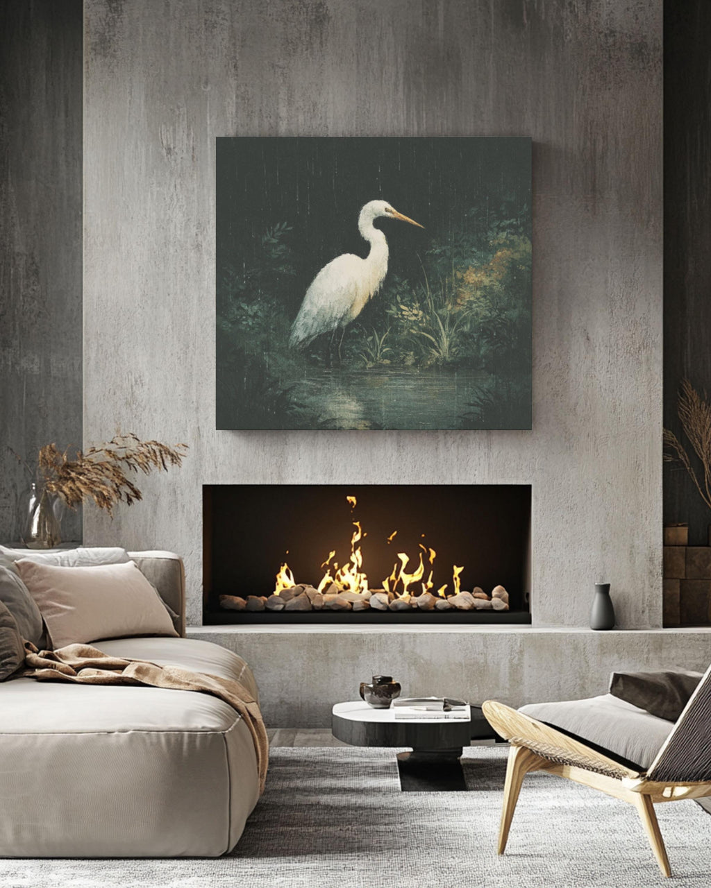 White Heron Wall Art – Moody Bird Illustration Canvas or Framed Print