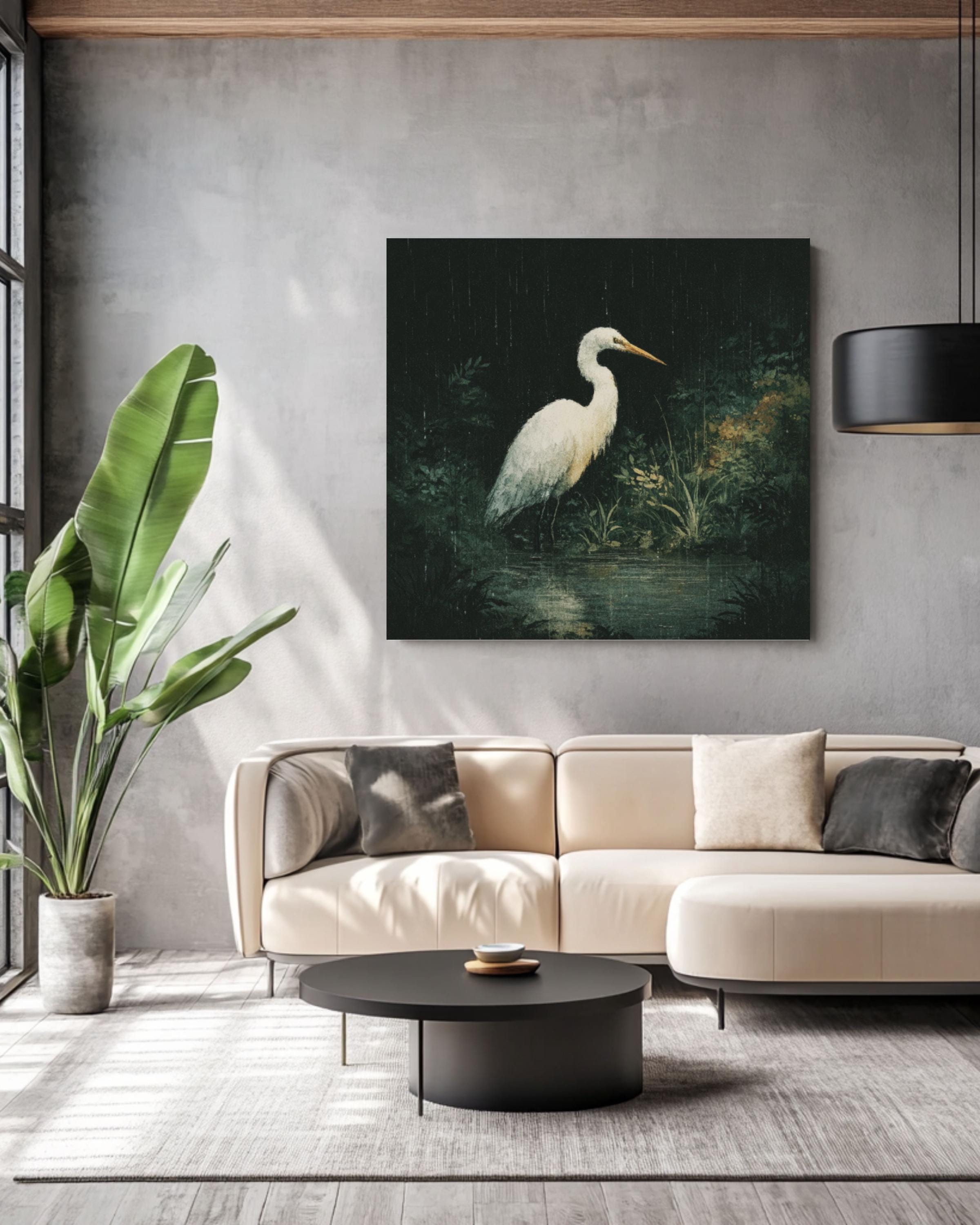 White Heron Wall Art – Moody Bird Illustration Canvas or Framed Print
