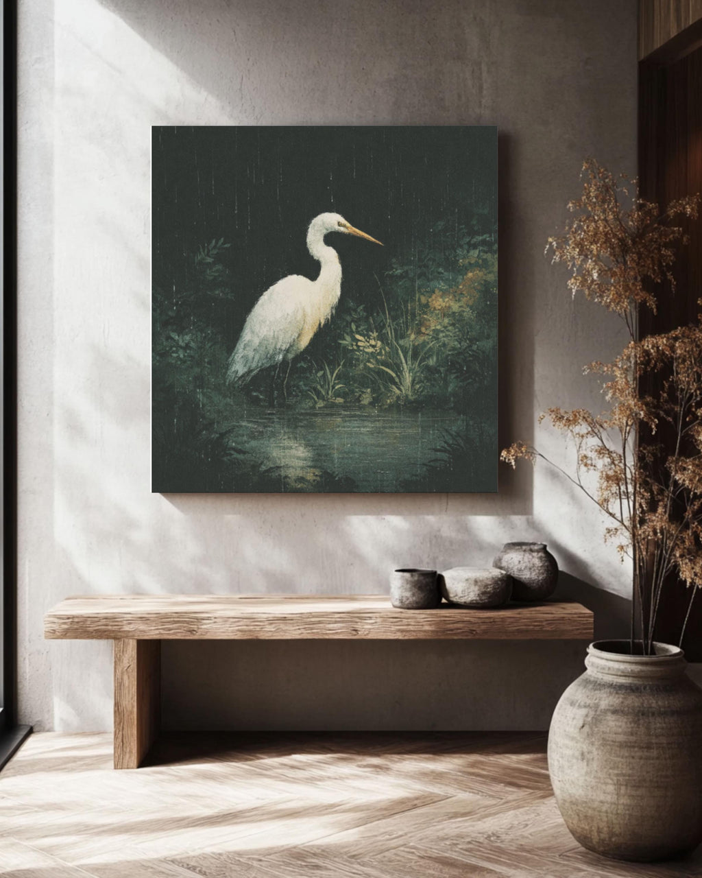 White Heron Wall Art – Moody Bird Illustration Canvas or Framed Print