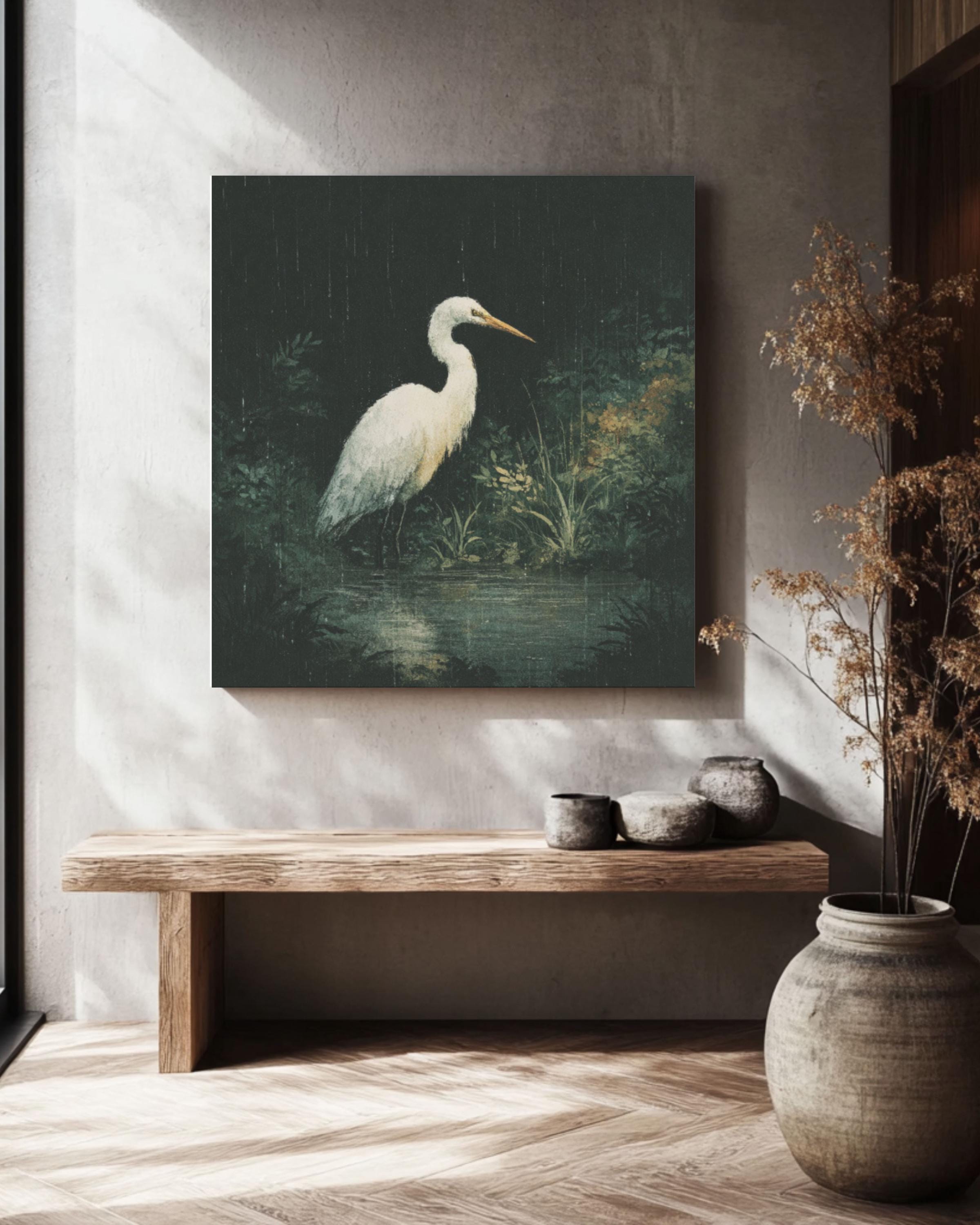 White Heron Wall Art – Moody Bird Illustration Canvas or Framed Print