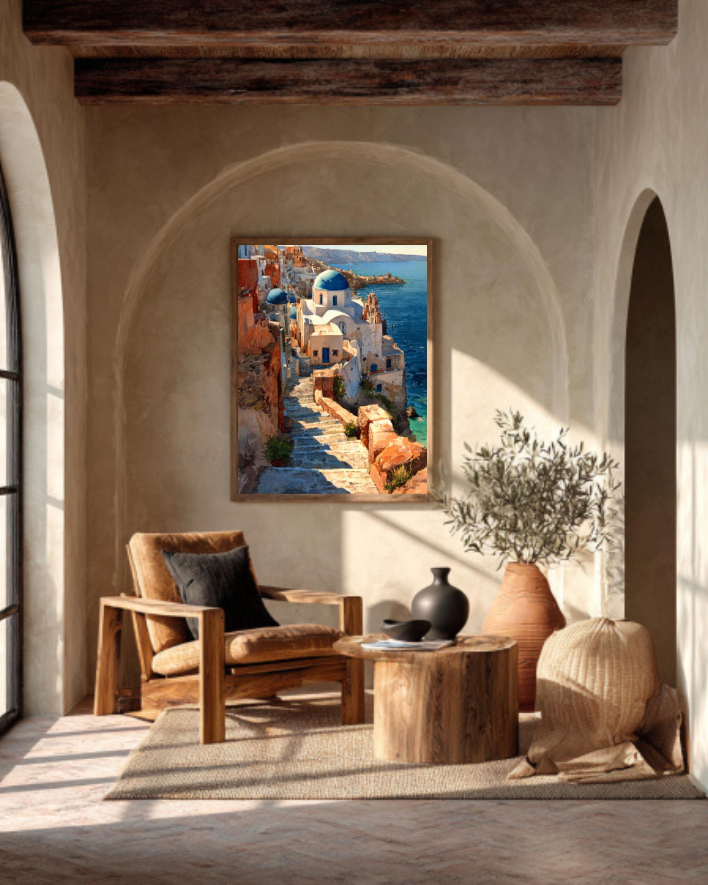 Santorini Watercolor Wall Art – Greek Island Blue Domes Coastal Decor