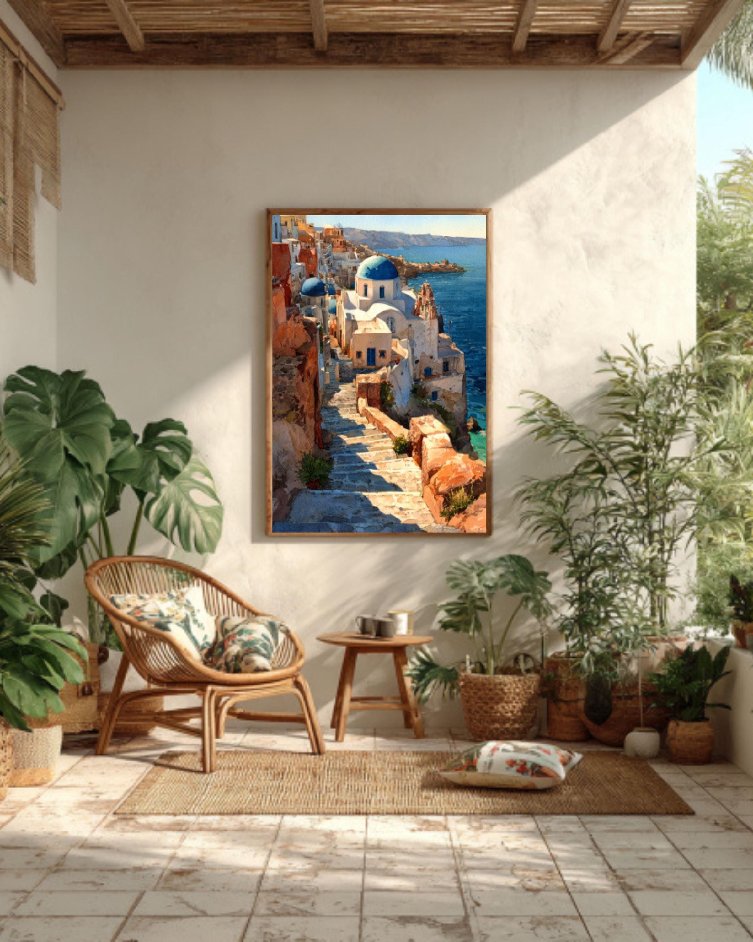 Santorini Watercolor Wall Art – Greek Island Blue Domes Coastal Decor