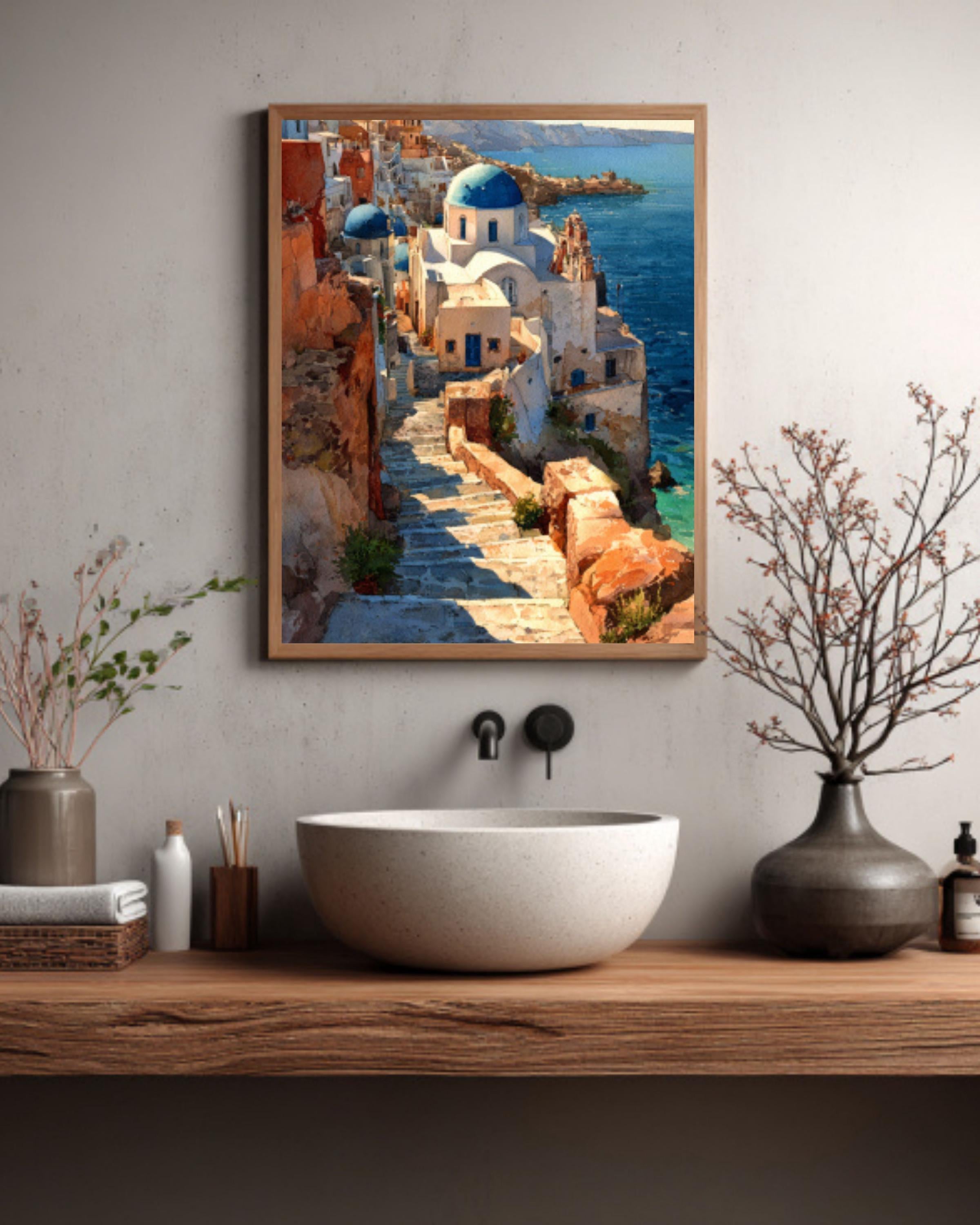 Santorini Watercolor Wall Art – Greek Island Blue Domes Coastal Decor