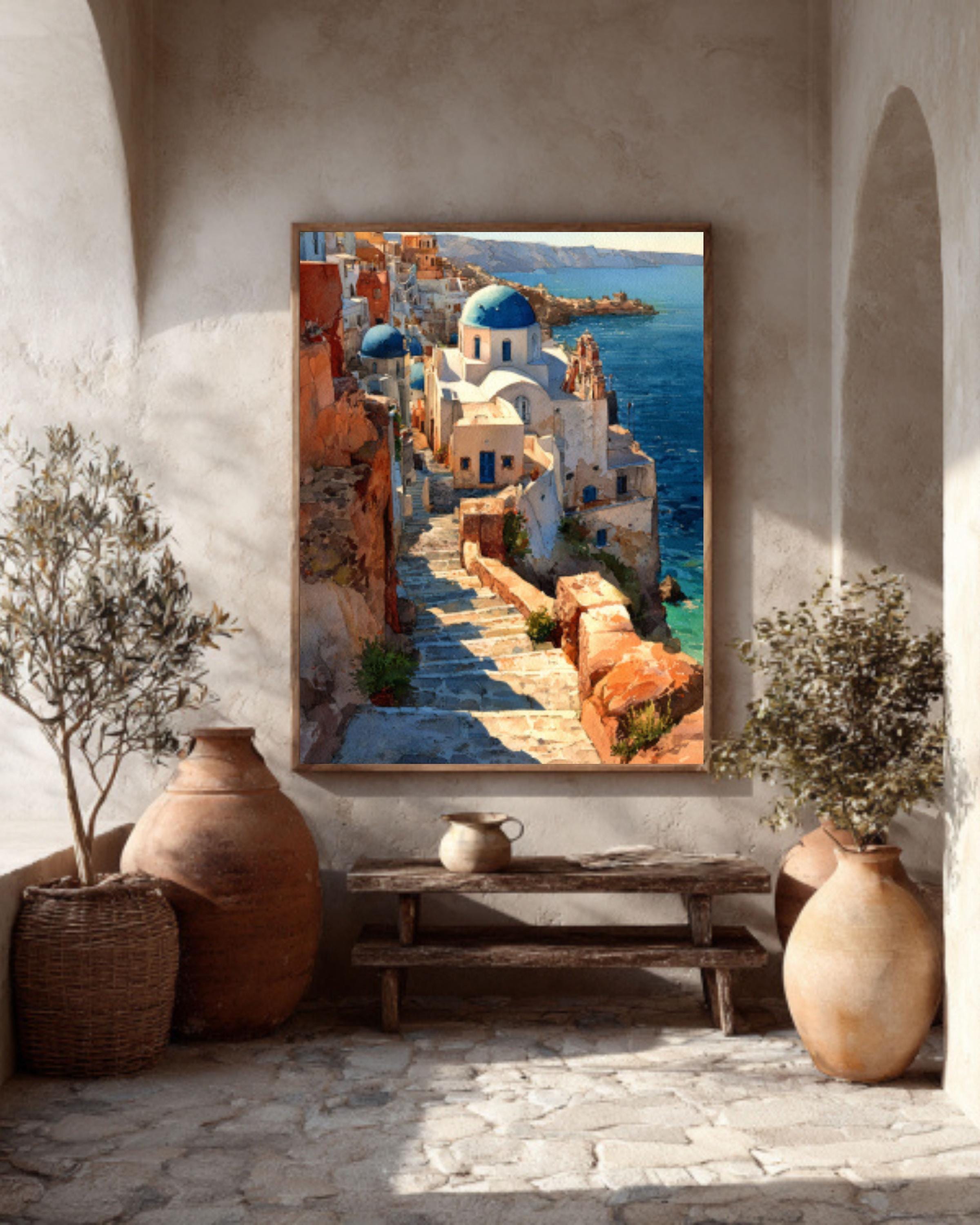 Santorini Watercolor Wall Art – Greek Island Blue Domes Coastal Decor