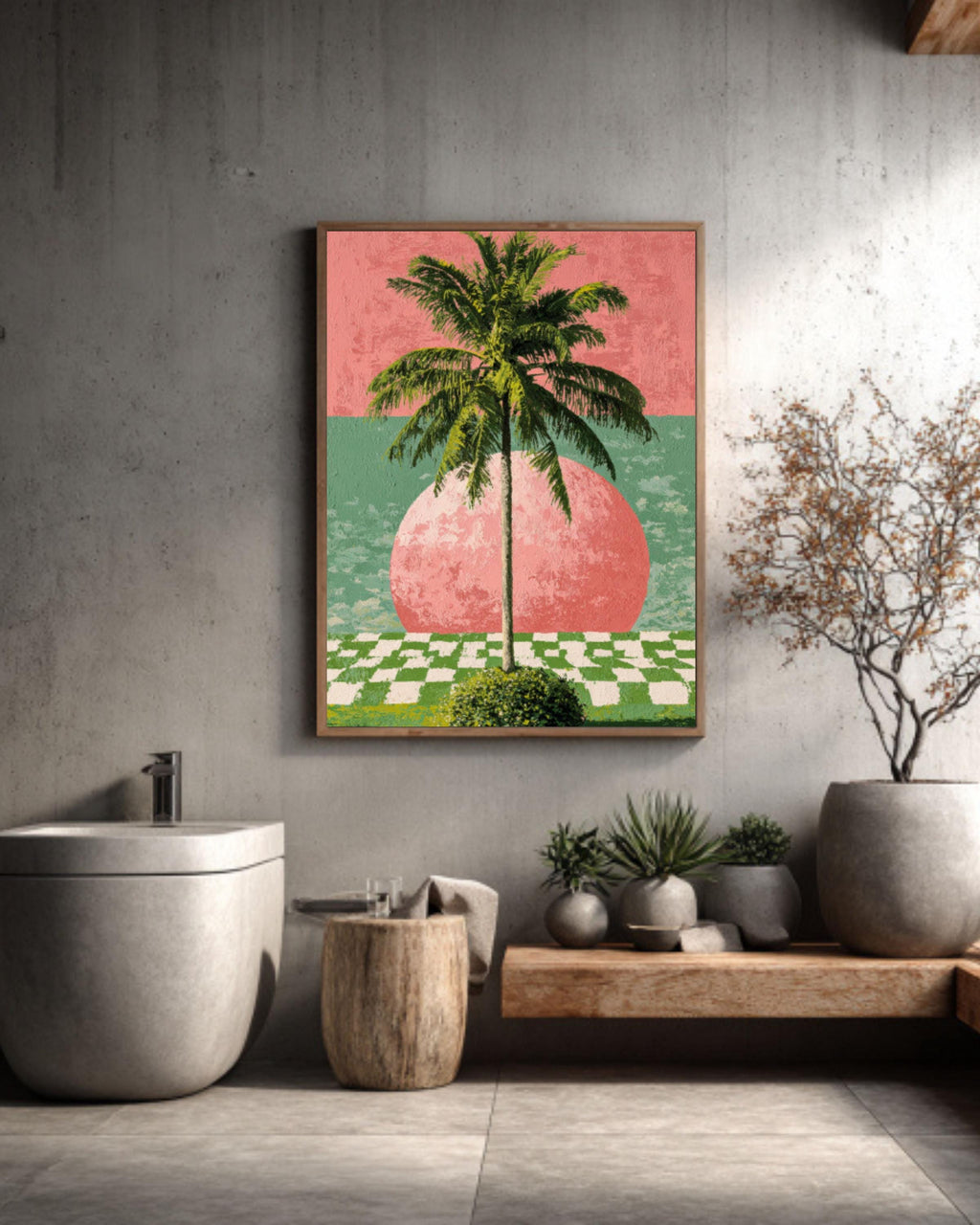 Modern Palm Tree Wall Art Print – Hockney-Inspired Pink & Green Abstract Decor