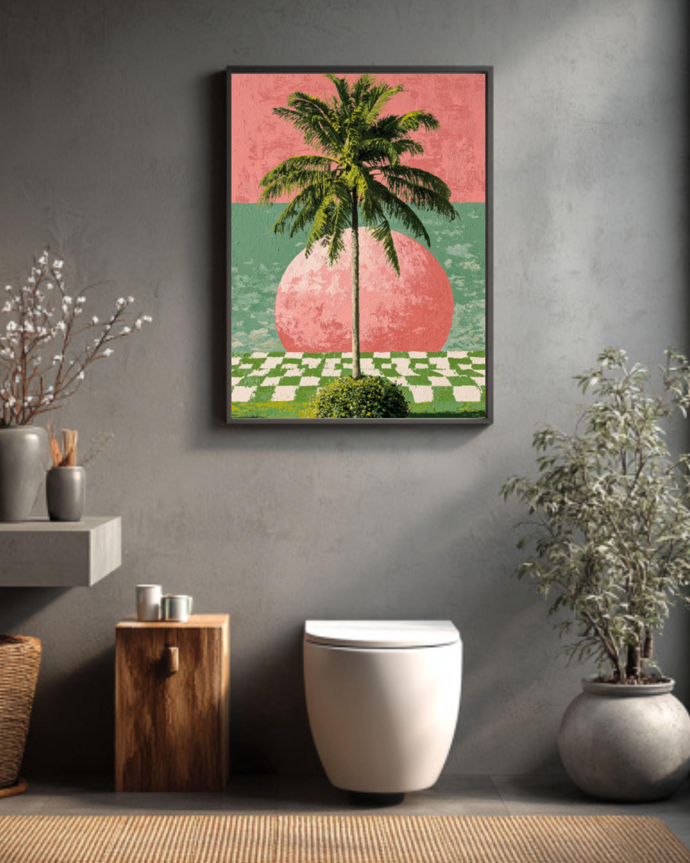 Modern Palm Tree Wall Art Print – Hockney-Inspired Pink & Green Abstract Decor