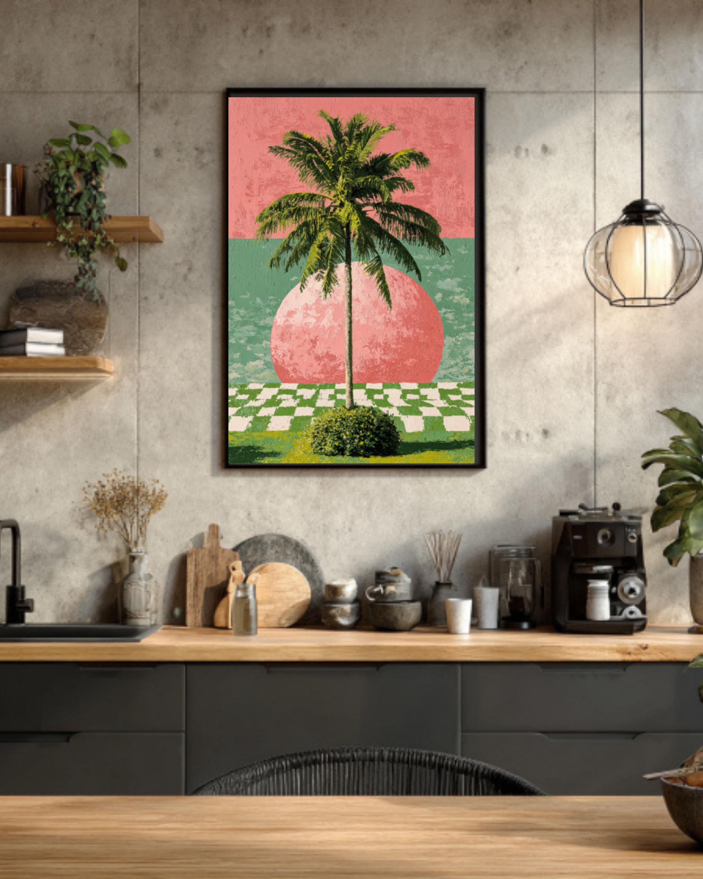 Modern Palm Tree Wall Art Print – Hockney-Inspired Pink & Green Abstract Decor