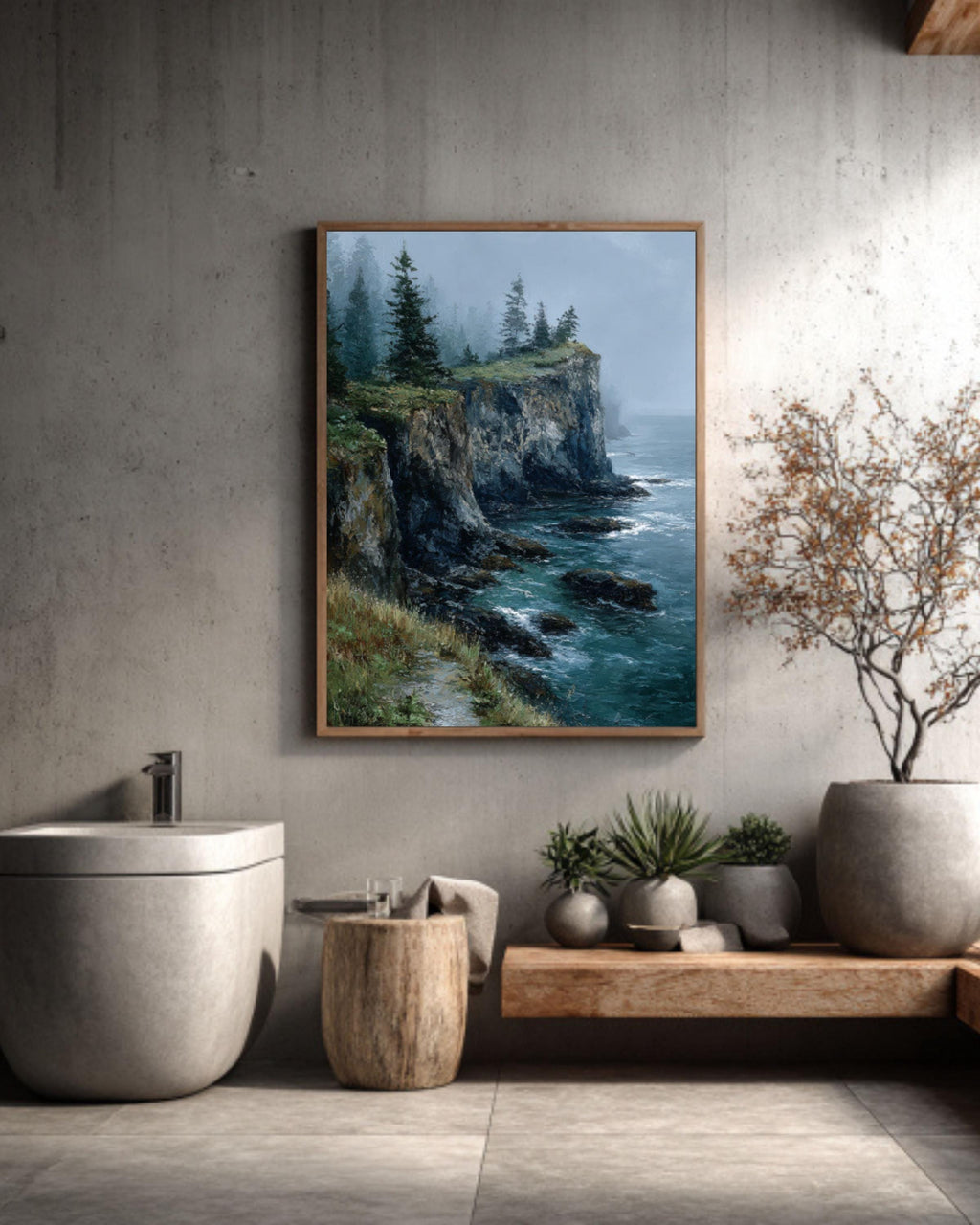 Moody Ocean Cliffside Landscape Wall Art – Foggy Pine Coastal Oil Painting Canvas Print