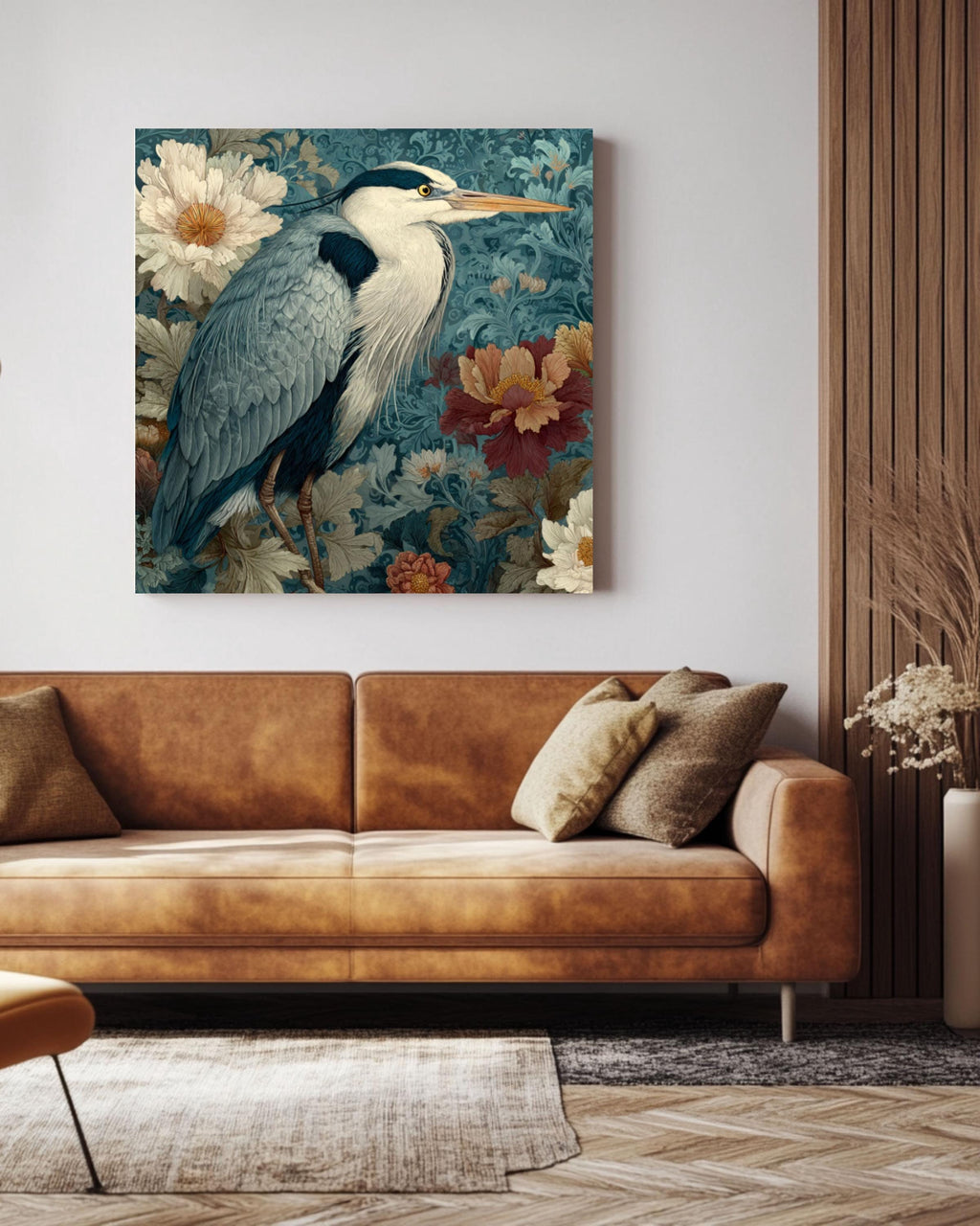 Gray Heron Watercolor Wall Art – William Morris Style Floral Tapestry Canvas Print