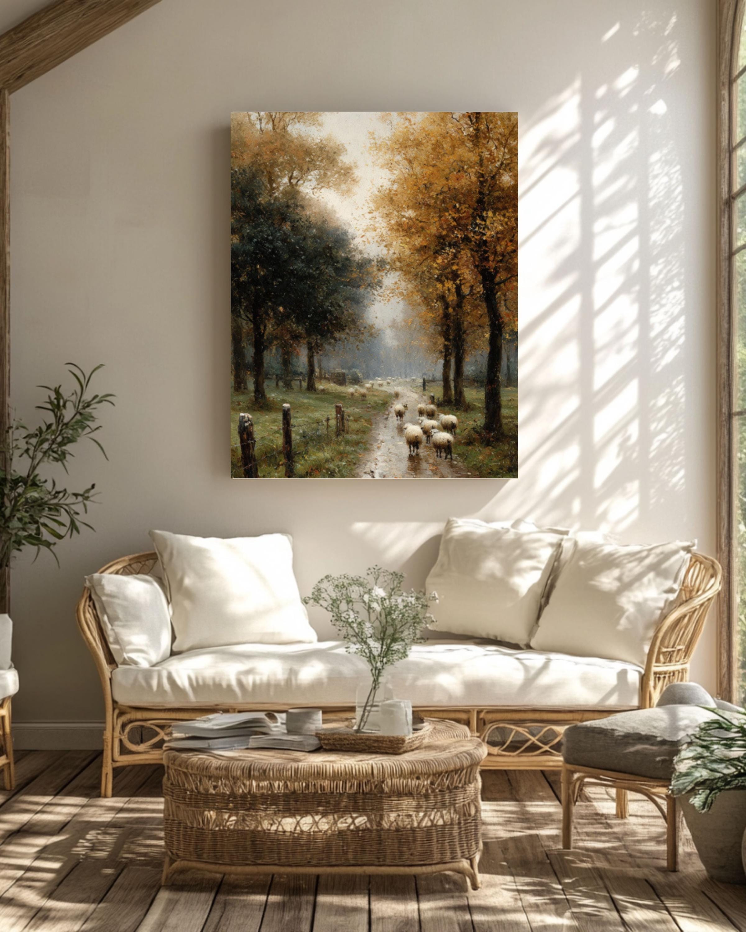 Misty Autumn Sheep Wall Art – Watercolor Forest Farmhouse Canvas Print