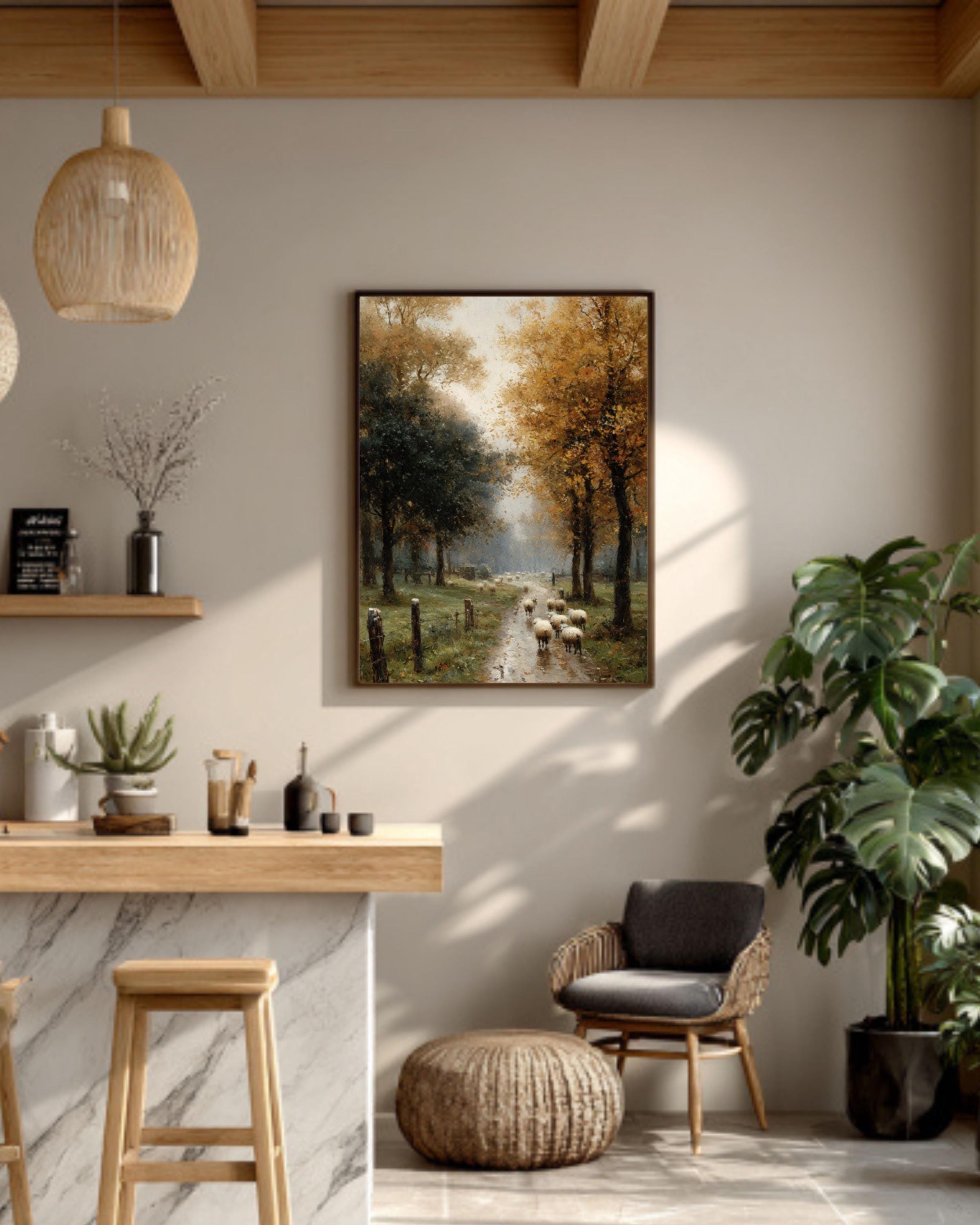 Misty Autumn Sheep Wall Art – Watercolor Forest Farmhouse Canvas Print