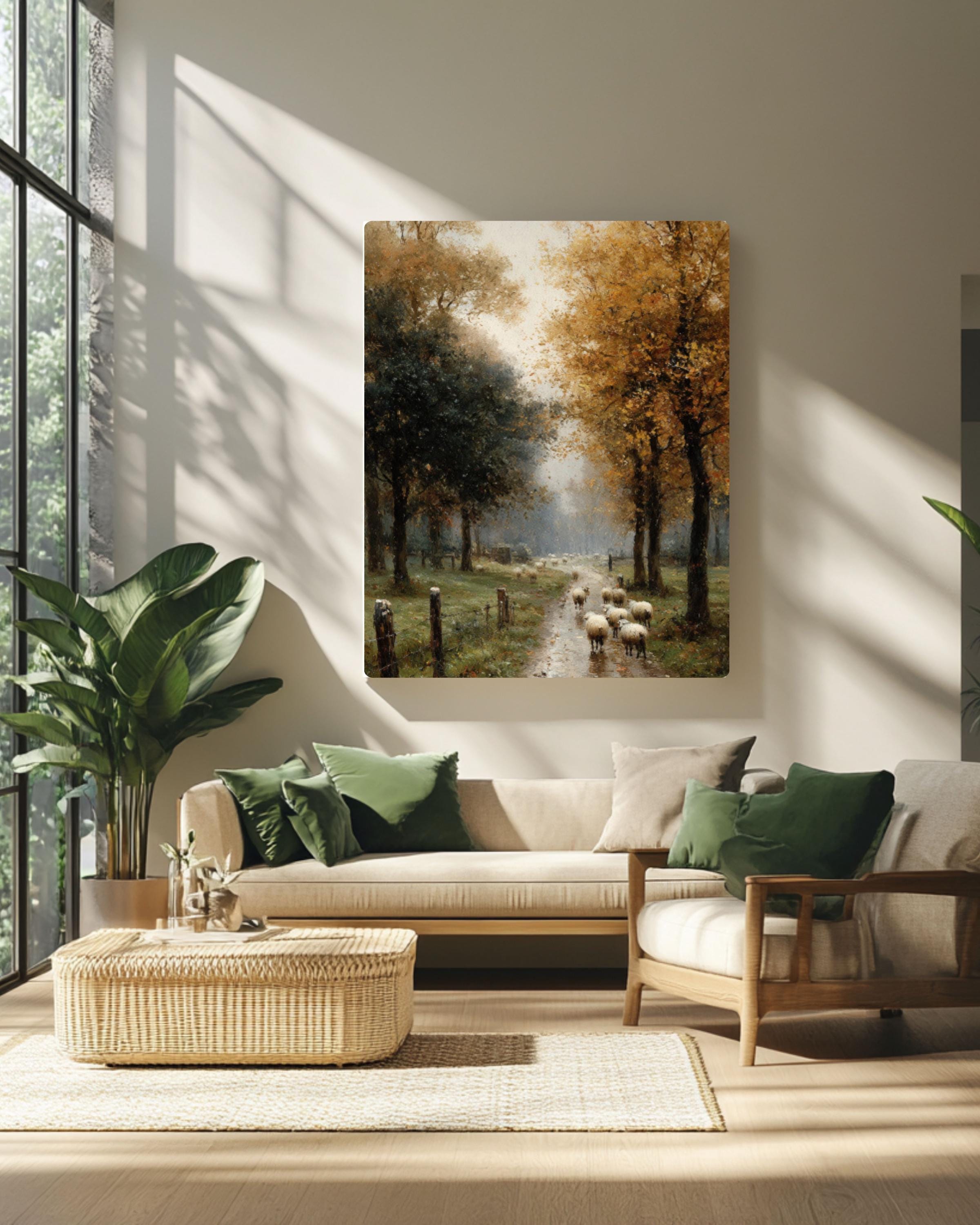 Misty Autumn Sheep Wall Art – Watercolor Forest Farmhouse Canvas Print
