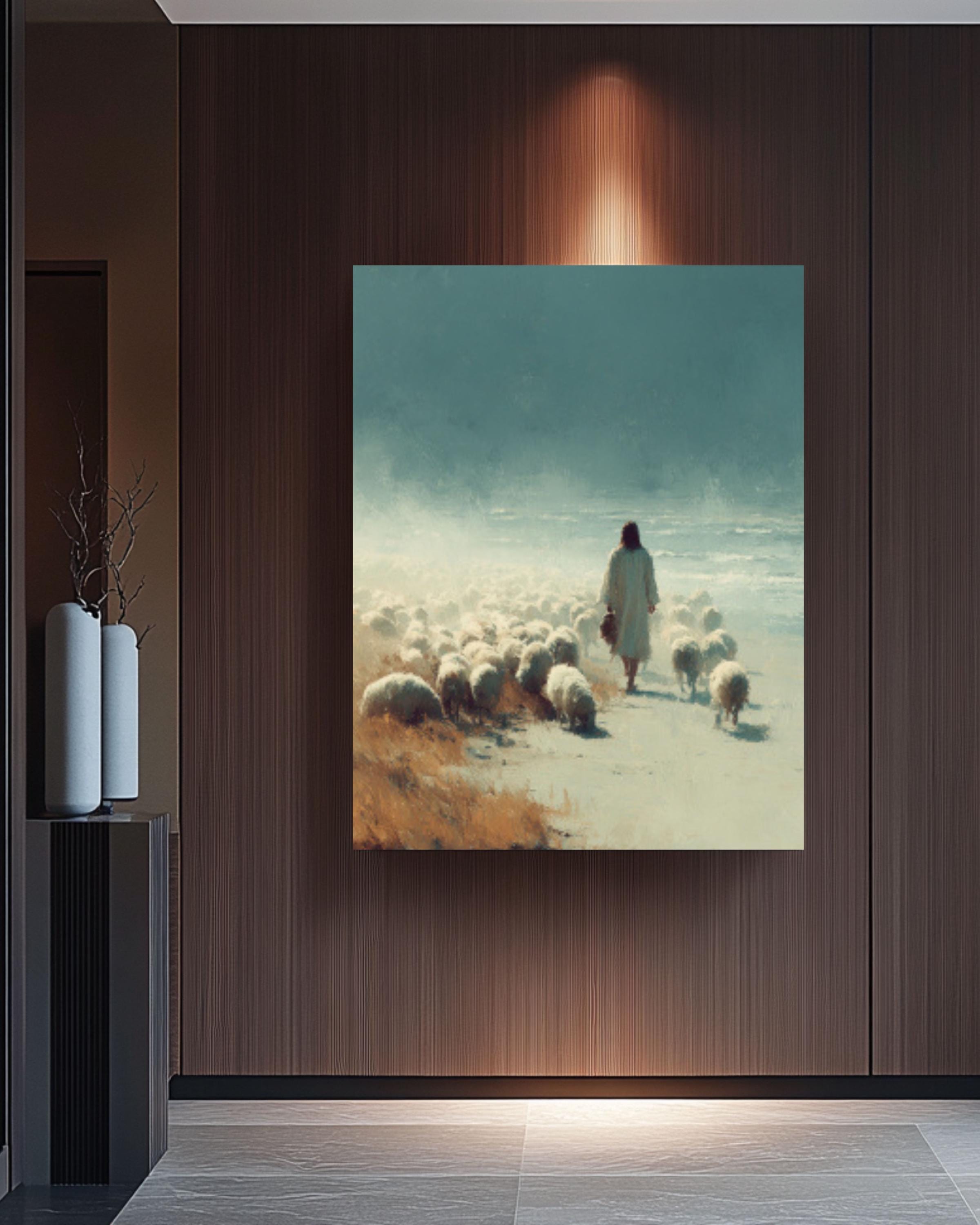 Jesus with Sheep Minimalist Ink Art Print – Christian Coastal Wall Art, Canvas or Framed Print