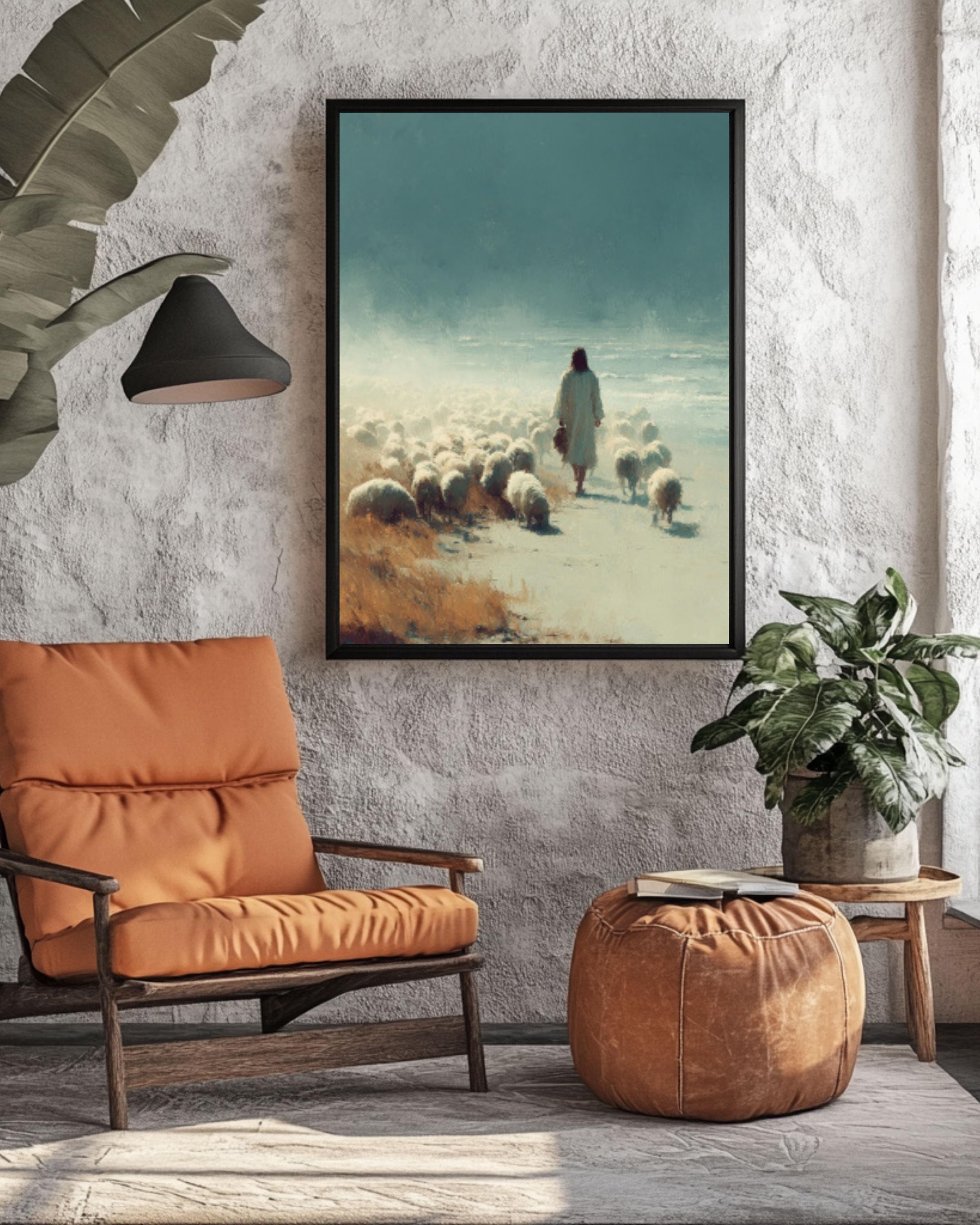 Jesus with Sheep Minimalist Ink Art Print – Christian Coastal Wall Art, Canvas or Framed Print