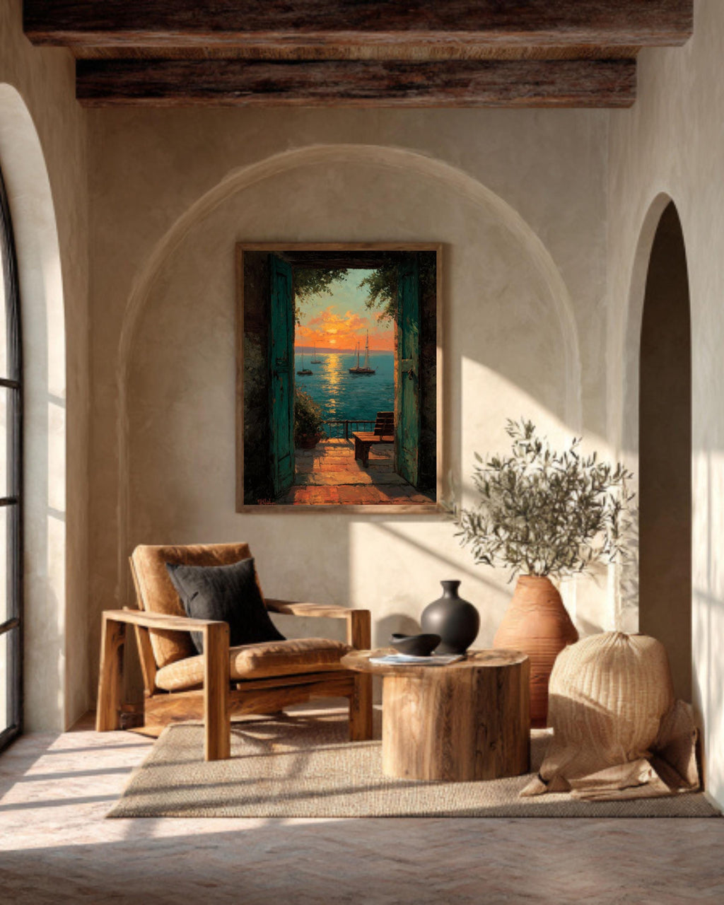 Matisse-Inspired Sunset Balcony Seascape Wall Art – Impressionist Coastal Canvas or Framed Print