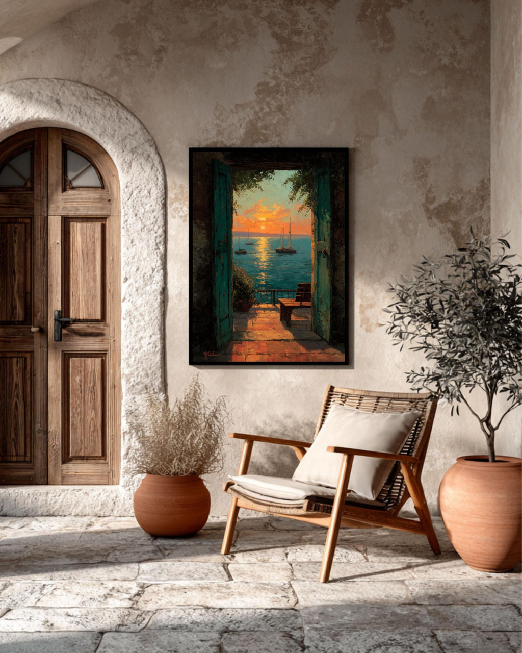Matisse-Inspired Sunset Balcony Seascape Wall Art – Impressionist Coastal Canvas or Framed Print