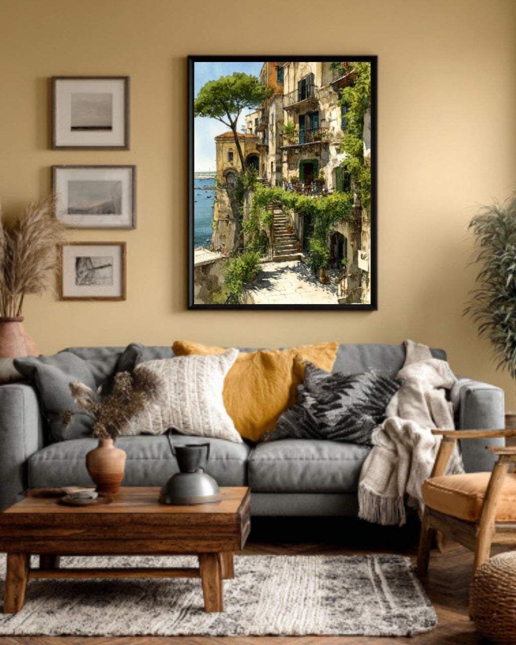 Italian Coastal Town Watercolor Wall Art – Cliffside Village Landscape Canvas Print