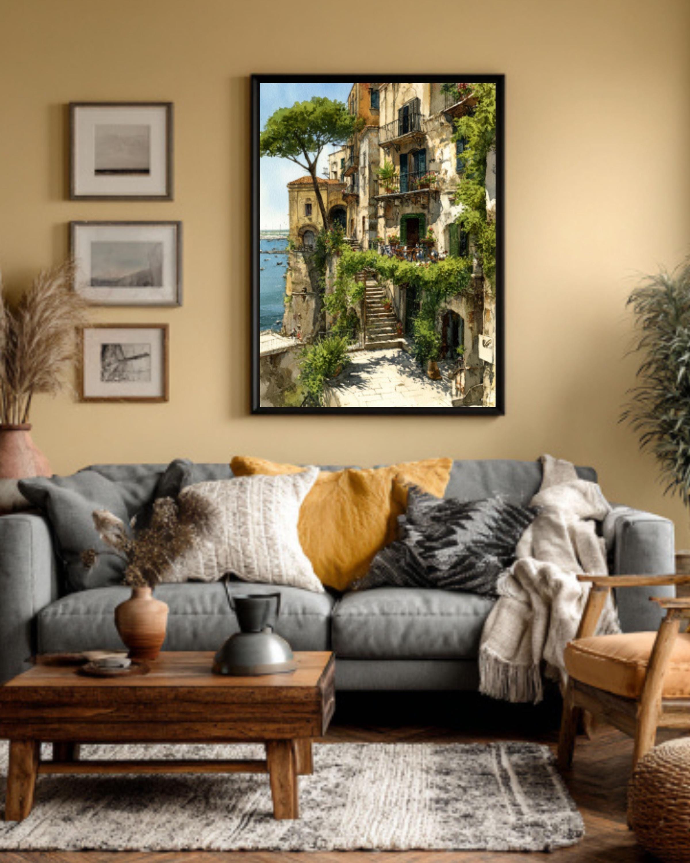 Italian Coastal Town Watercolor Wall Art – Cliffside Village Landscape Canvas Print