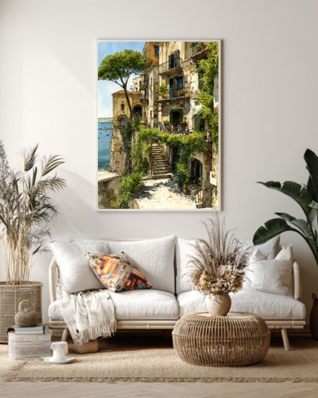 Italian Coastal Town Watercolor Wall Art – Cliffside Village Landscape Canvas Print