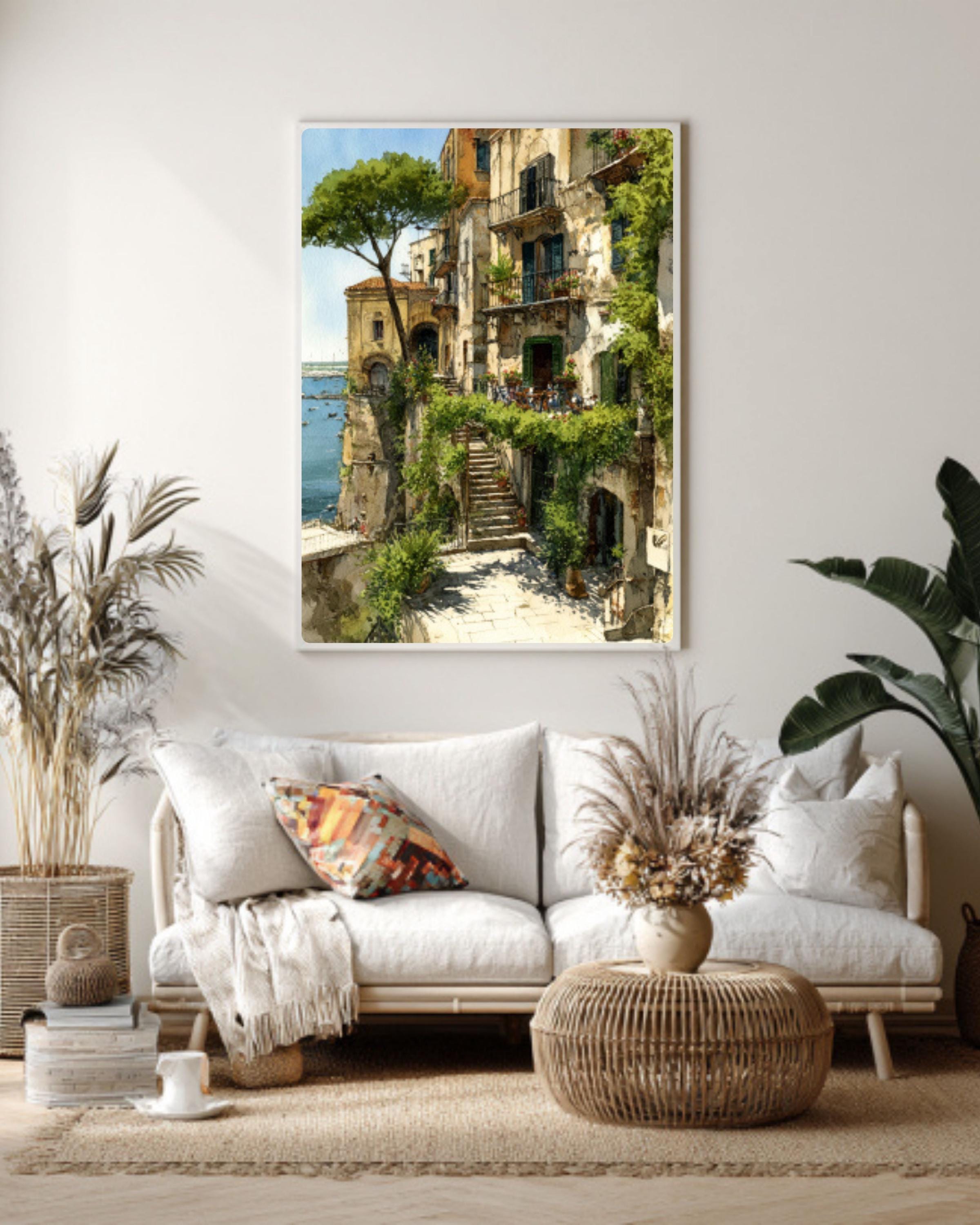 Italian Coastal Town Watercolor Wall Art – Cliffside Village Landscape Canvas Print