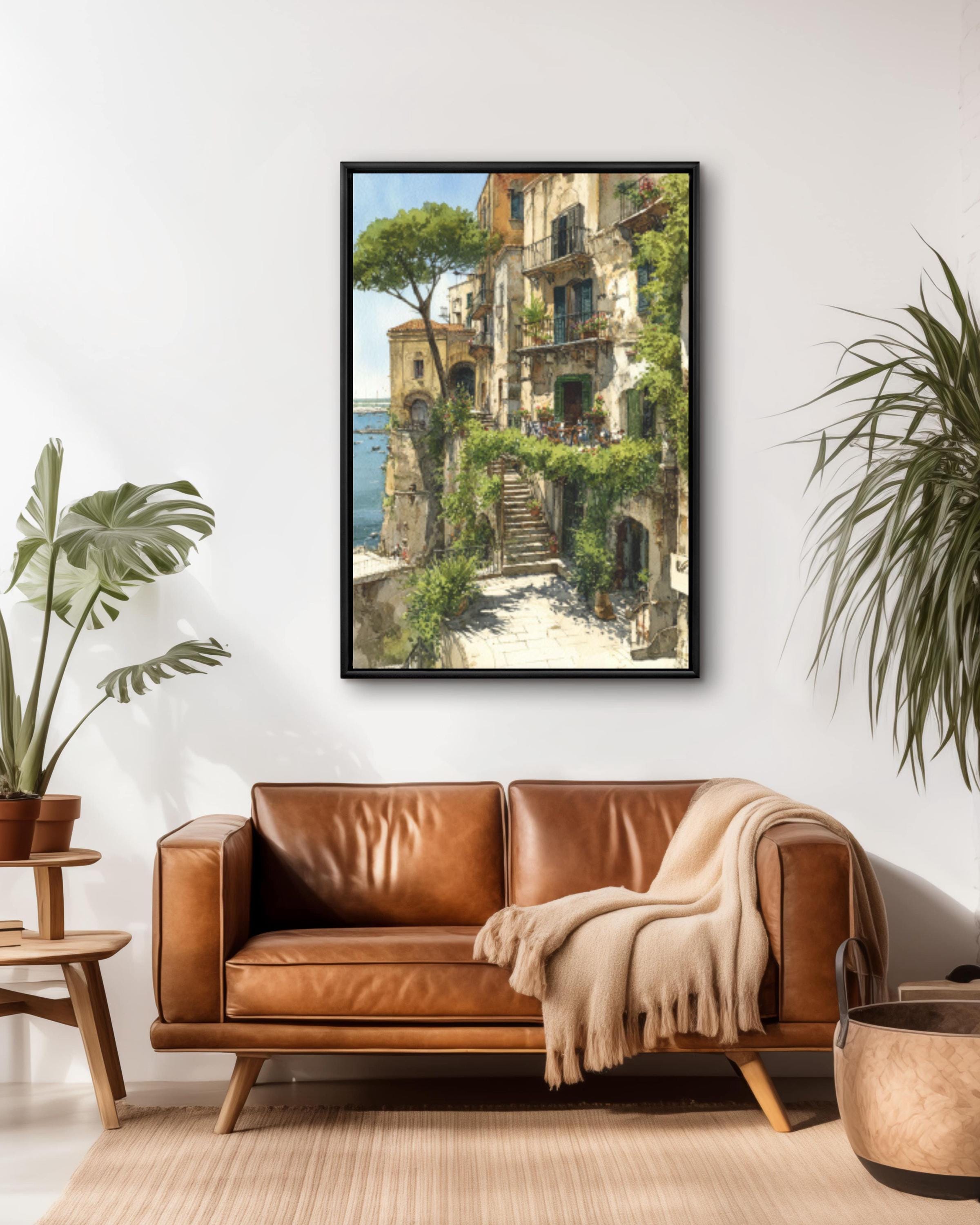 Italian Coastal Town Watercolor Wall Art – Cliffside Village Landscape Canvas Print