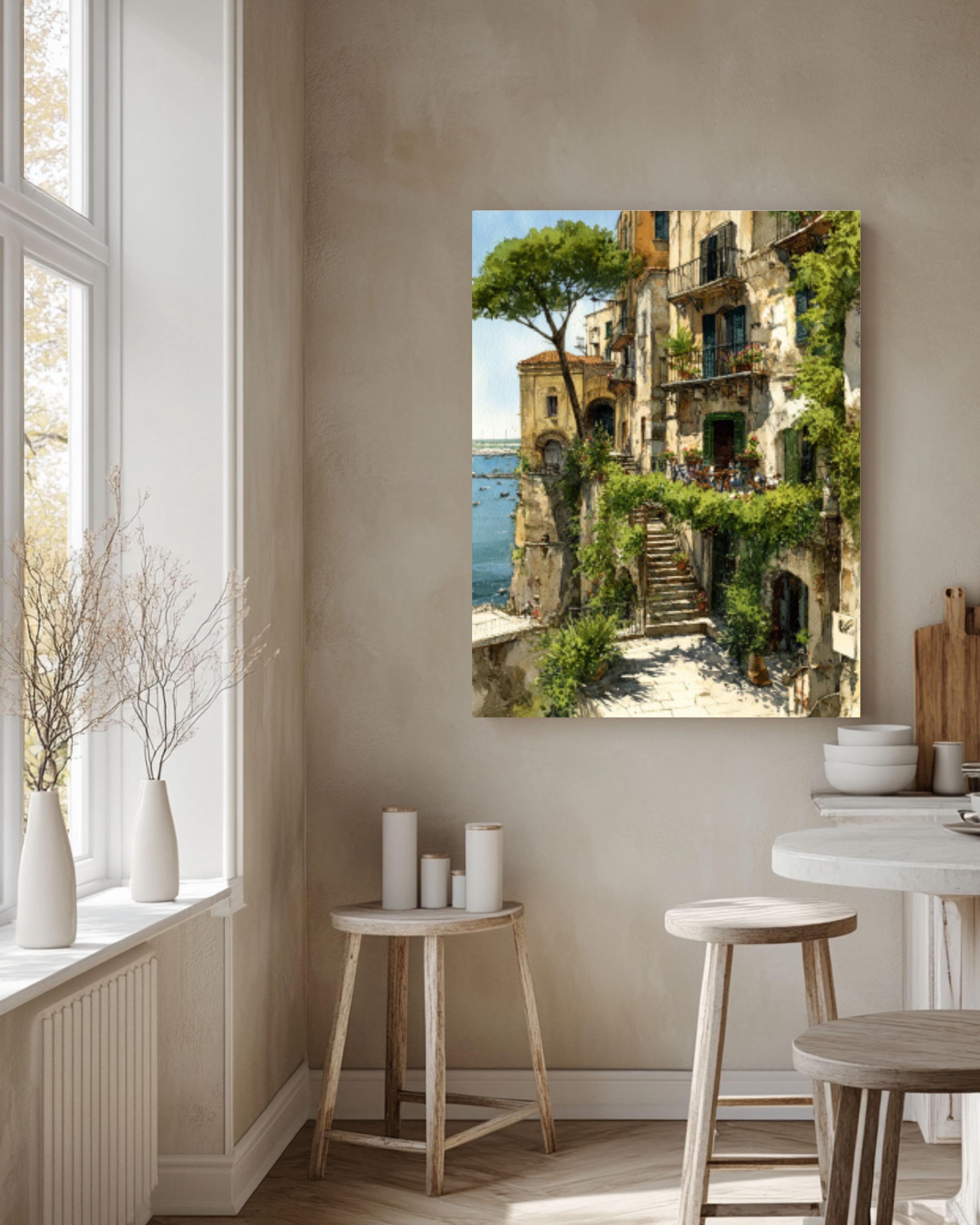 Italian Coastal Town Watercolor Wall Art – Cliffside Village Landscape Canvas Print