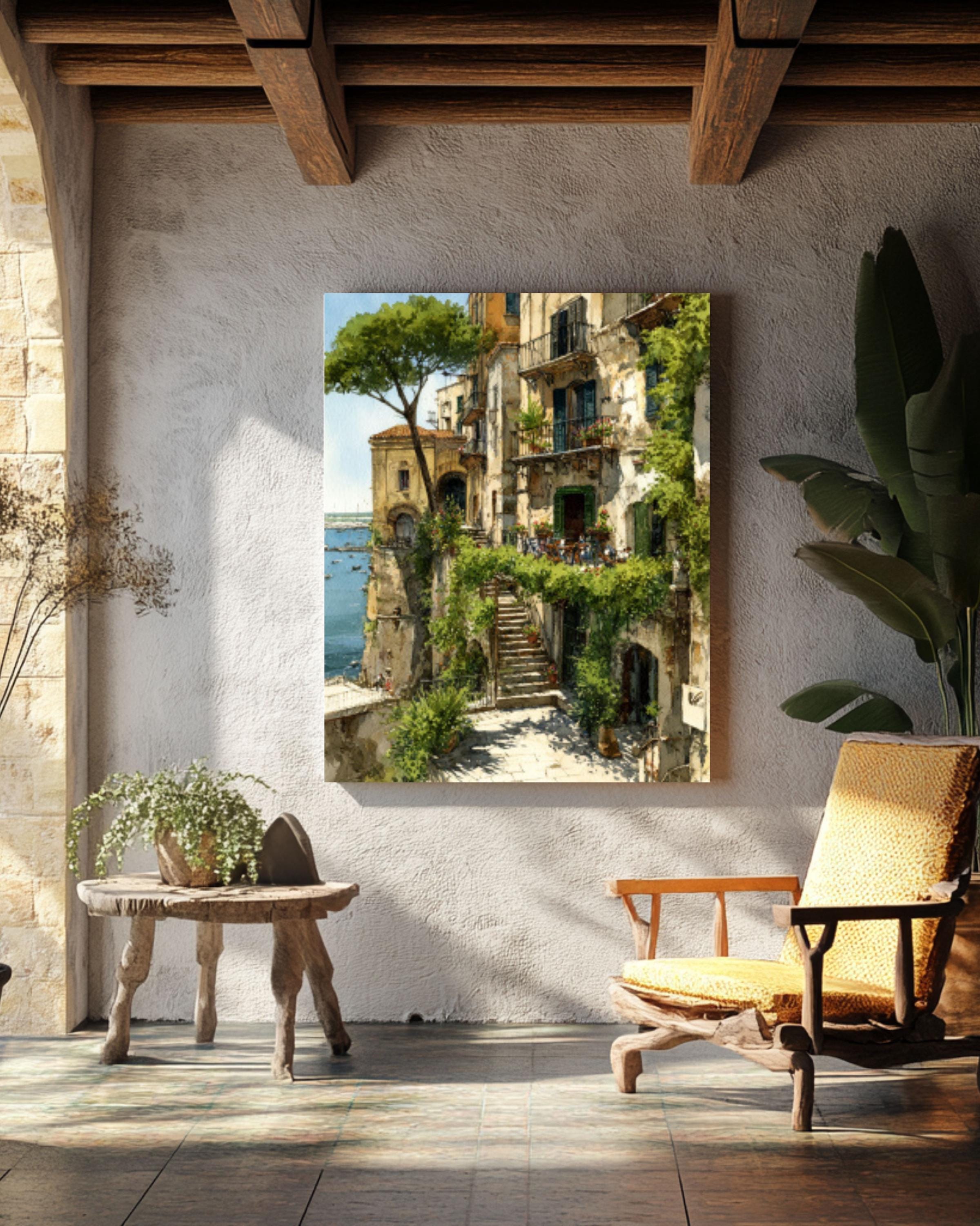 Italian Coastal Town Watercolor Wall Art – Cliffside Village Landscape Canvas Print